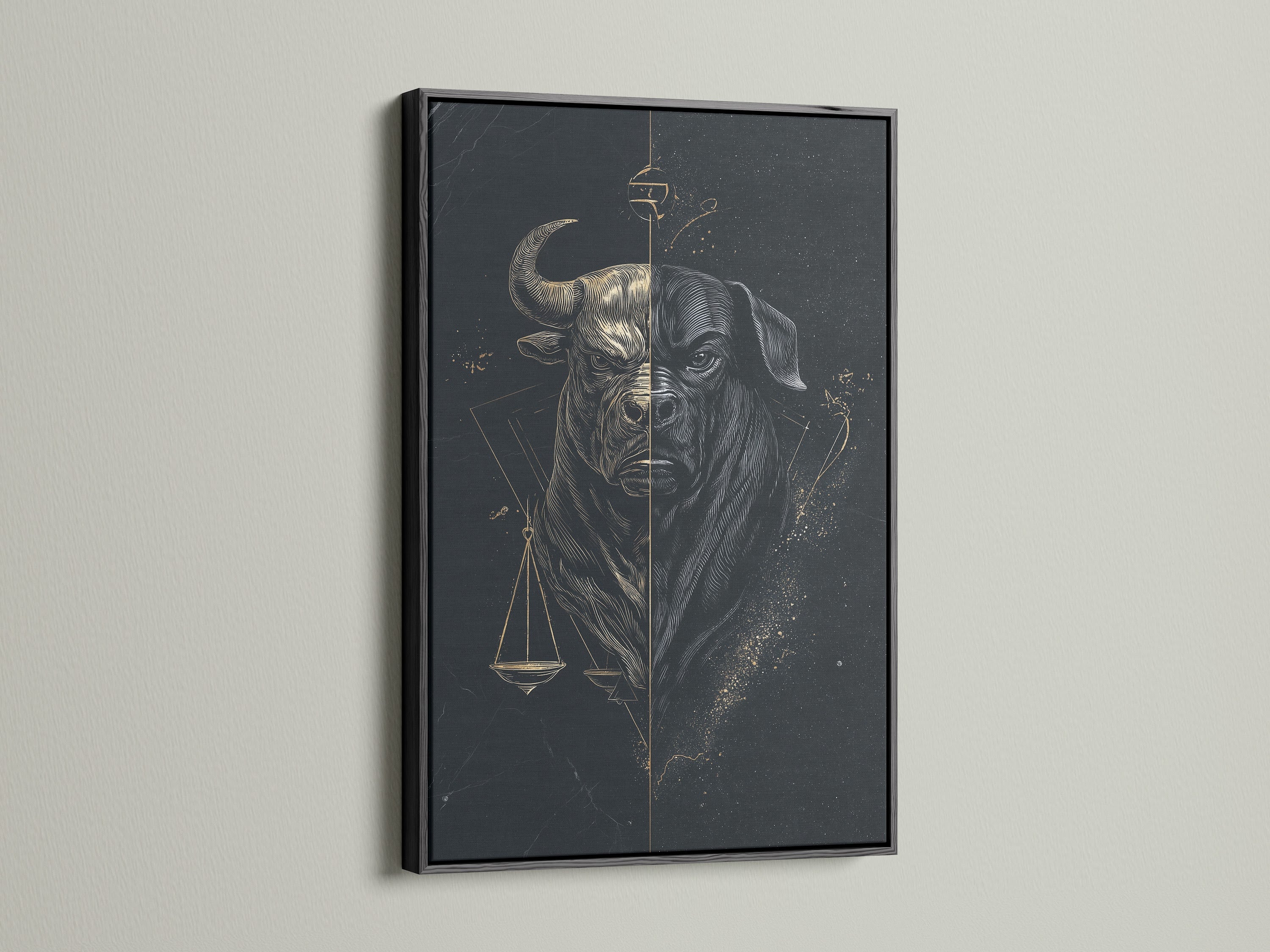 Make a statement with the Bull Justice art print. This scales of justice canvas print is presented in a bold black frame. Ideal for adding a modern touch to your law firm or home office. Decorate your walls today.