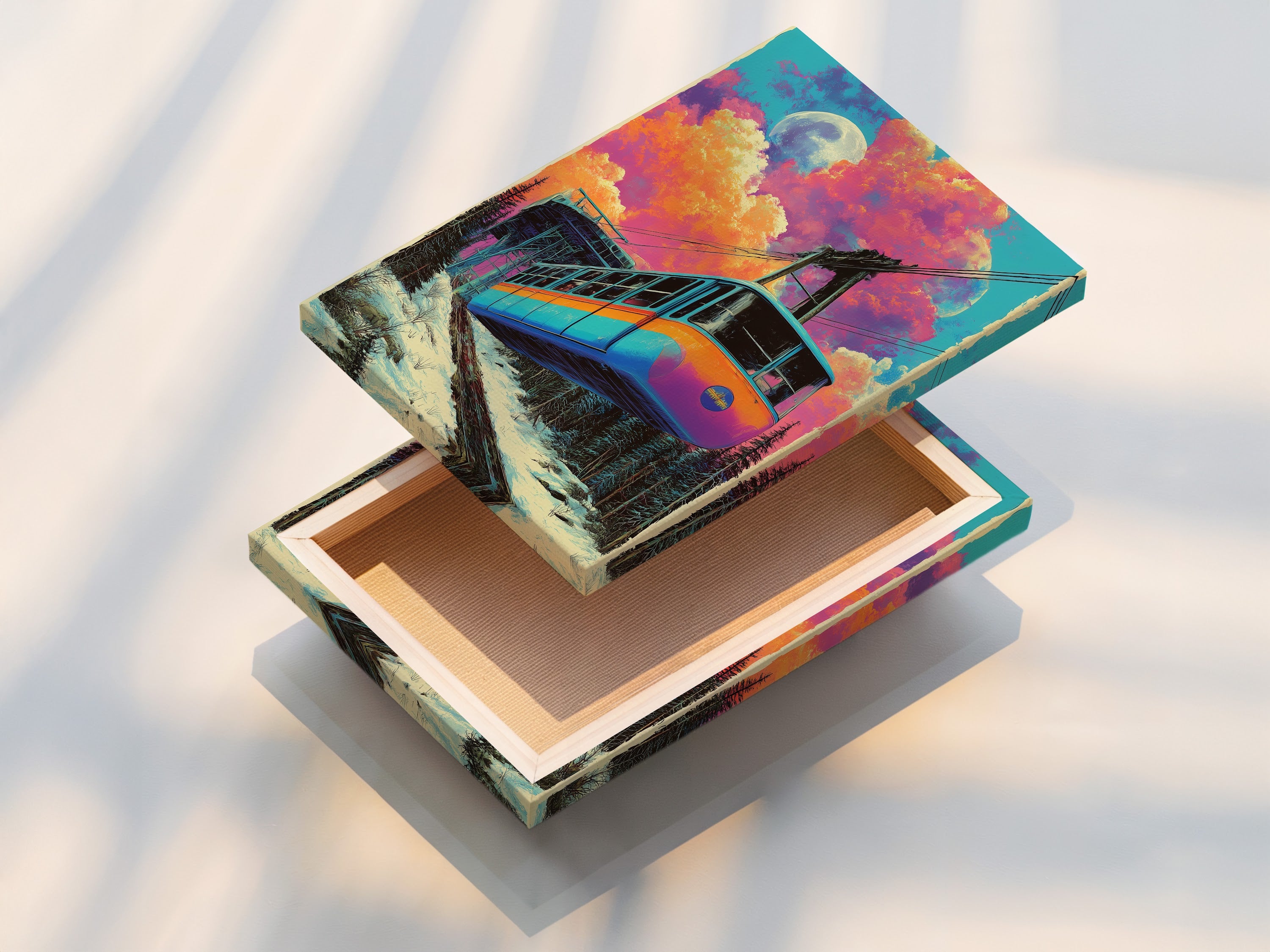 A stretched canvas print of a retro cable car artwork is showcased. This vintage ski lift wall art is ready to hang. The colorful mountain railway canvas adds charm. This transport artwork is perfect for any home or office.