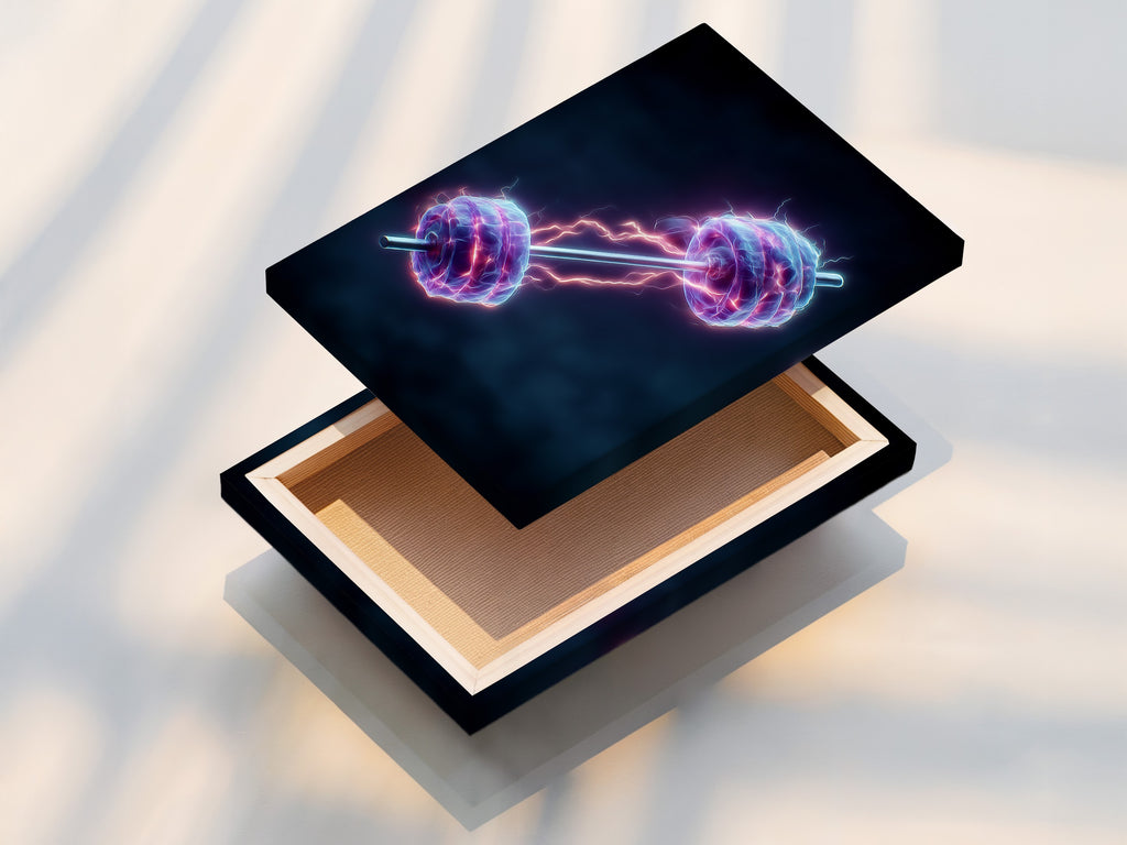 A stretched canvas print of the Neon Dumbbell electric gym artwork. This fitness motivation piece enhances any home gym decor. The stretched canvas provides a gallery-quality look. Perfect for fitness studios and weightlifting rooms. It adds an energetic touch to your workout space.