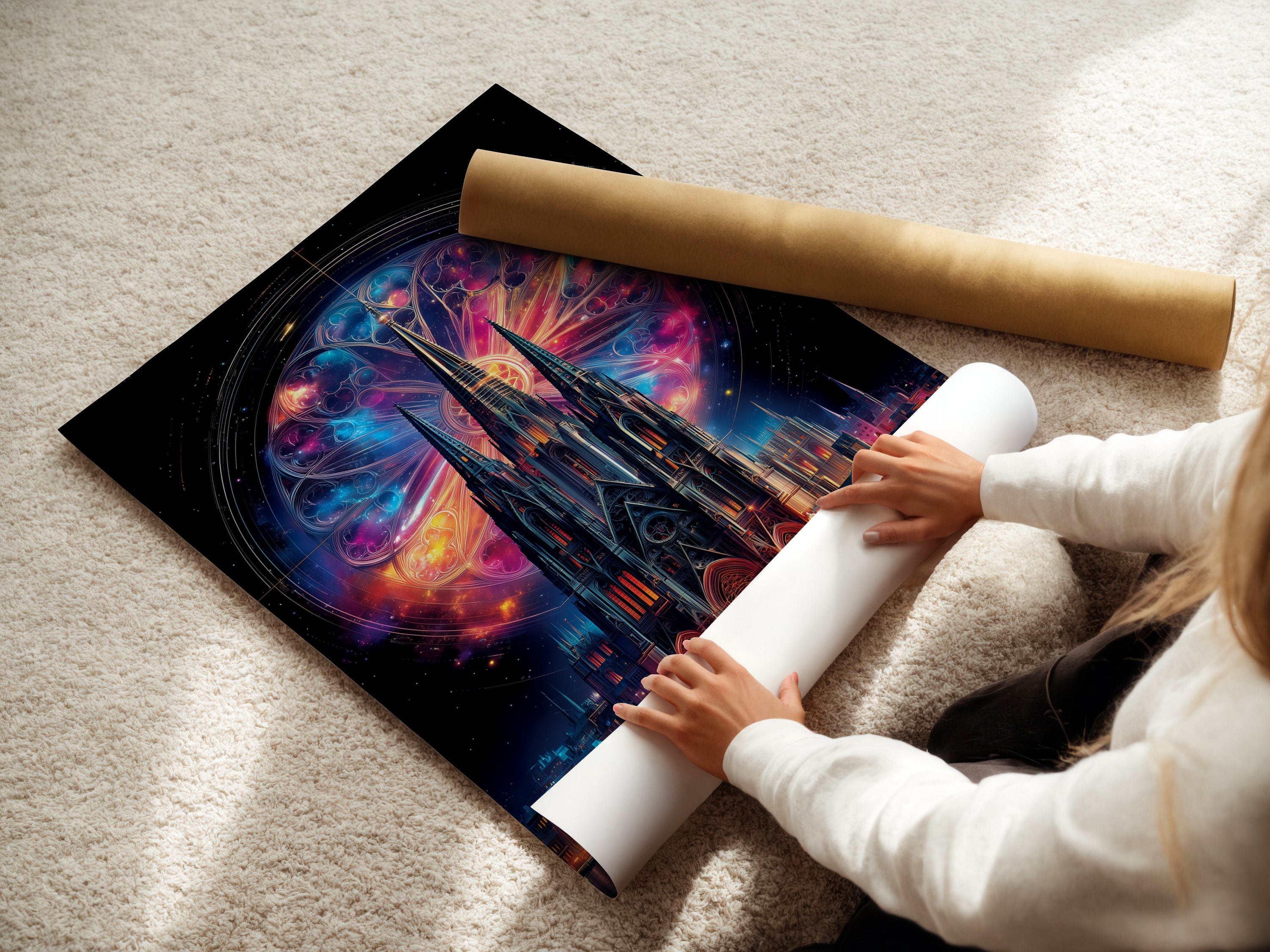 A woman is carefully rolling a fine art poster paper. This gothic cathedral art cosmic stained glass wall art will arrive in perfect condition. Add a touch of mystical fantasy to your decor.