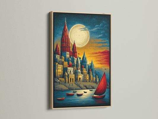 A framed artwork with an oak frame hangs on a wall. The art shows a fantasy castle and harbor under a full moon. The primary color is red. The secondary color is gold. This castle print adds a touch of fairytale charm to any space.