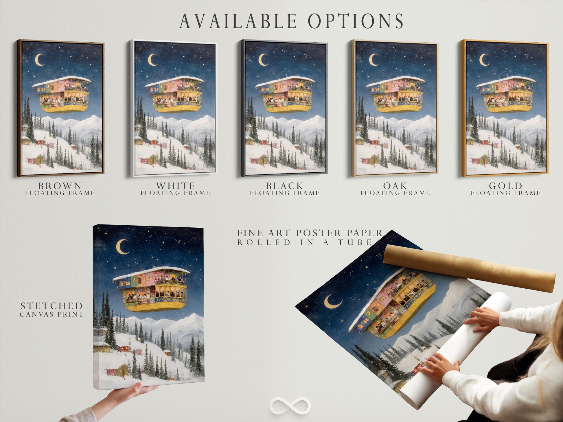 Explore the available options for this whimsical winter fantasy artwork. Choose from a stretched canvas print fine art poster paper or floating frame. The fantasy house and starry night artwork will add a touch of magic to your home. Select the perfect option to suit your style and decor preferences.