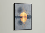 The sunrise reflection art is framed in sleek black. The contrast enhances the golden sun and abstract cityscape. This modern wall art makes a bold statement. It is perfect for urban art lovers and collectors seeking refined pieces.