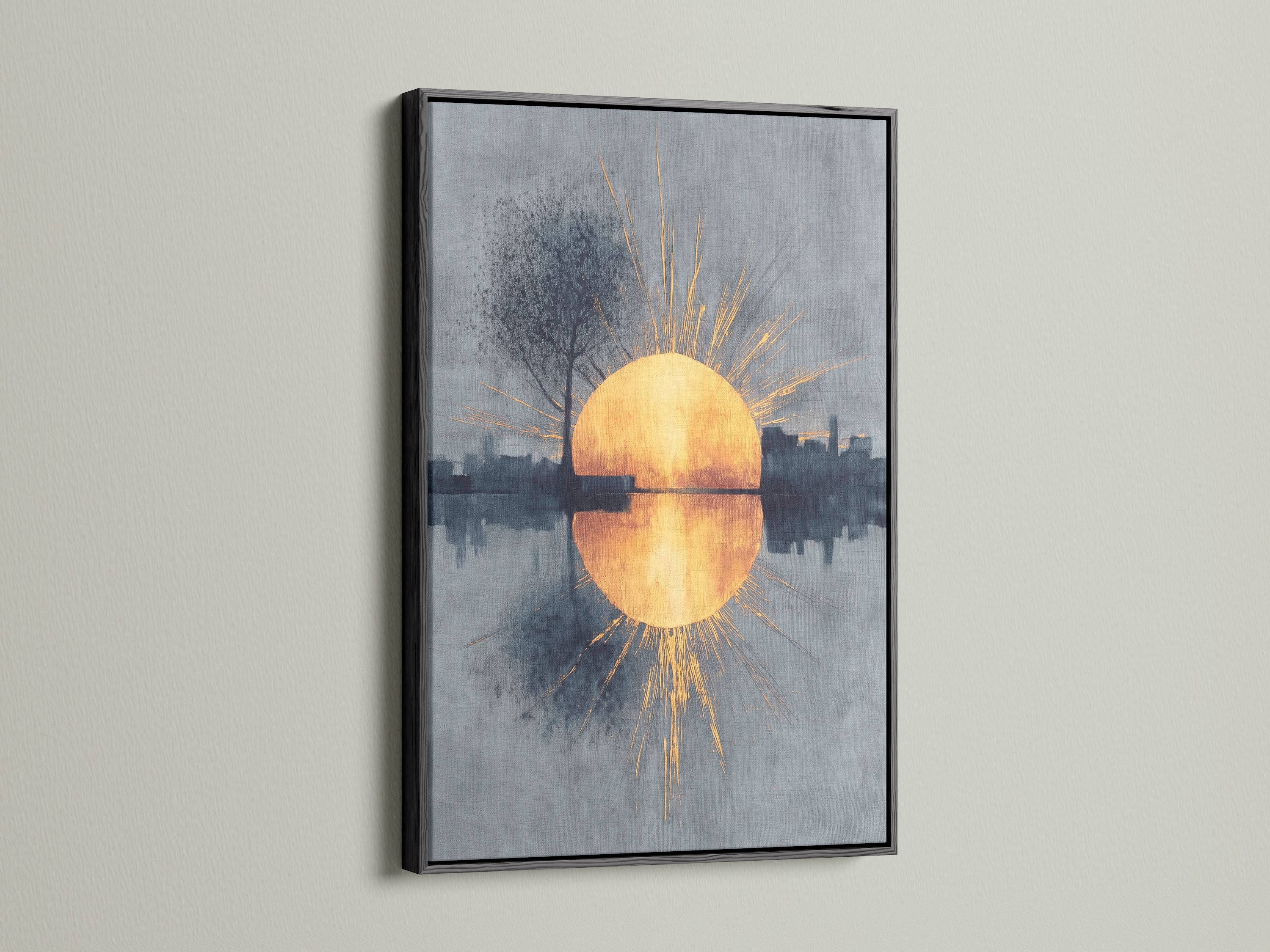 The sunrise reflection art is framed in sleek black. The contrast enhances the golden sun and abstract cityscape. This modern wall art makes a bold statement. It is perfect for urban art lovers and collectors seeking refined pieces.
