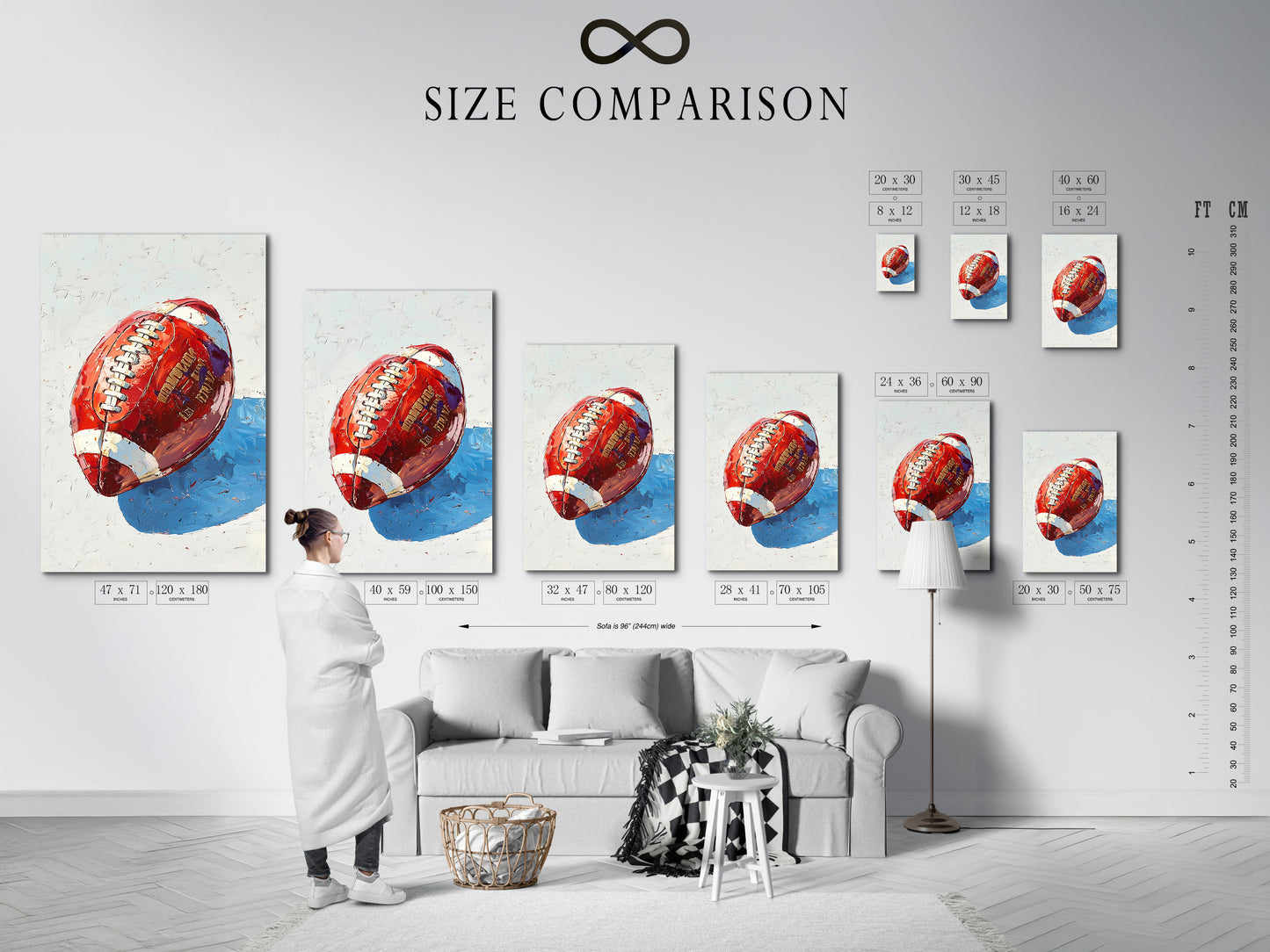 This image displays a size comparison chart in an interior setting. It helps visualize the scale of sports artwork. Perfect for planning your modern Americana decor.  The chart shows various sizes of canvas prints. It is ideal for spaces like a man cave or office.  Choose the perfect size for your football art. This is helpful for sports gift selection.