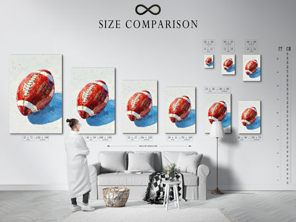 This image displays a size comparison chart in an interior setting. It helps visualize the scale of sports artwork. Perfect for planning your modern Americana decor.  The chart shows various sizes of canvas prints. It is ideal for spaces like a man cave or office.  Choose the perfect size for your football art. This is helpful for sports gift selection.
