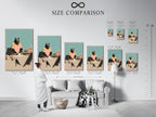 A size comparison chart is displayed in an interior setting. It helps you visualize the bear baker artwork in different dimensions. Choose the perfect size for your kitchen or cafe. The art print adds a unique touch to your space.