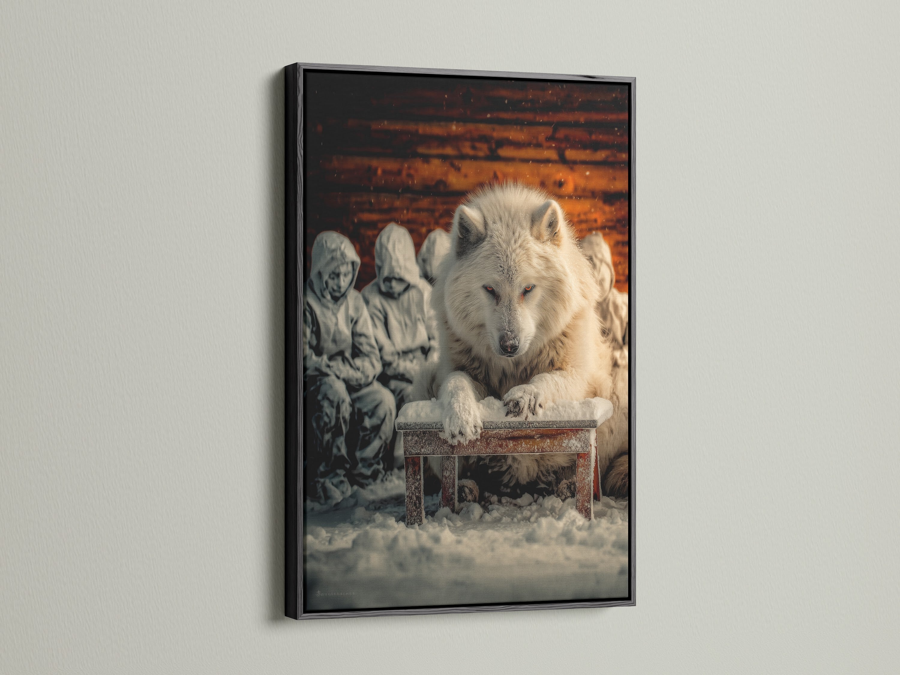 The artwork features a white wolf on a snow-covered bench with hooded figures. The artwork is framed in a sleek black frame. This wolf canvas art complements modern and eclectic styles. It makes for striking living room artwork.