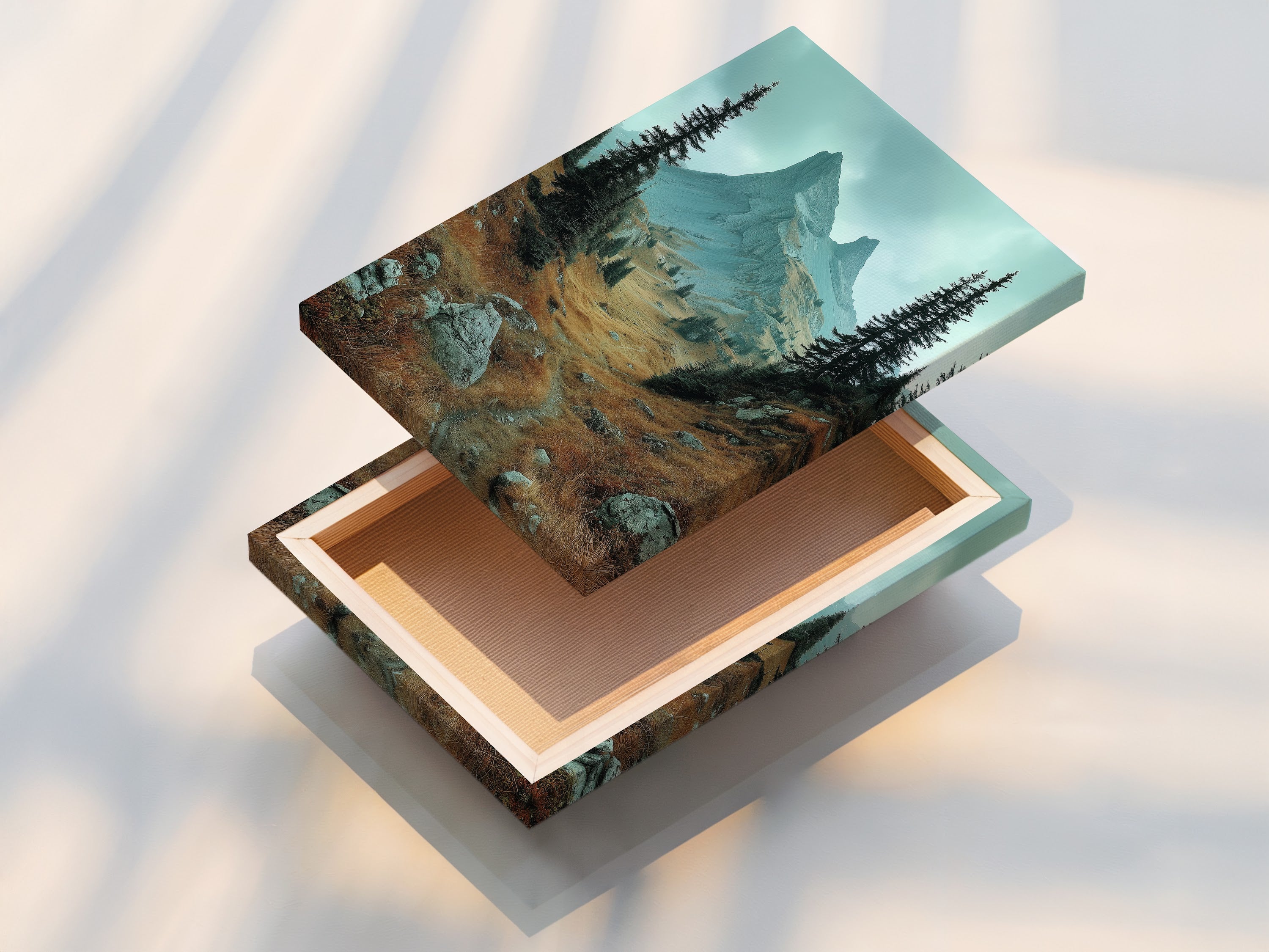 Stretched canvas print featuring mountain landscape artwork. This alpine valley wall art is ready to hang. It is perfect for adding nature photography to your home. The stretched canvas print enhances the earth tones. It is ideal as rustic wall decor.