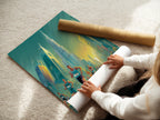 A woman carefully rolling a fine art poster paper. High quality fine art paper ensures your prints look their best. Preserving artwork with professional handling. Discover the difference quality paper makes for your art prints.