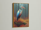 Admire a heron canvas print beautifully displayed in a gold frame. This teal and orange bird artwork adds a touch of sophistication. Perfect for modern and eclectic decor styles. Enhance your space with nature inspired artwork. Explore bird lover gifts and wetland art.