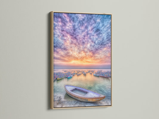 Harbor Sunset canvas art with an oak frame. The image features fishing boats at sunset creating a peaceful scene. This coastal wall art is perfect for minimalist or bohemian interiors. The beige and blue tones complement various decor styles. It is ideal for adding a touch of seaside charm to your home.