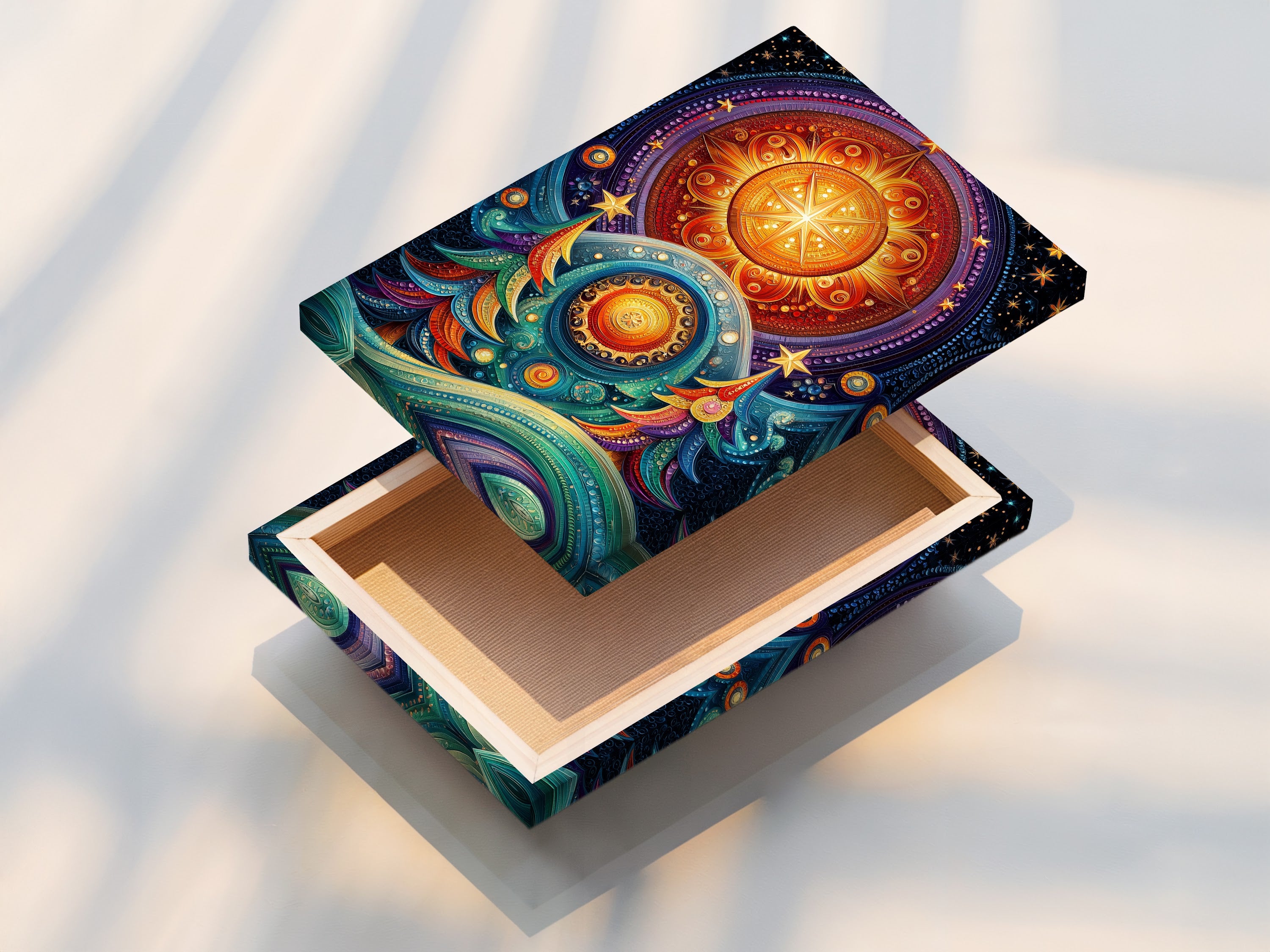 Stretched canvas print of the Celestial Tree artwork. This boho mandala art features colorful starry night details. Perfect for meditation decor. Add a vibrant touch to your bohemian space. This spiritual canvas enhances any room. This cosmic wall art is stunning.