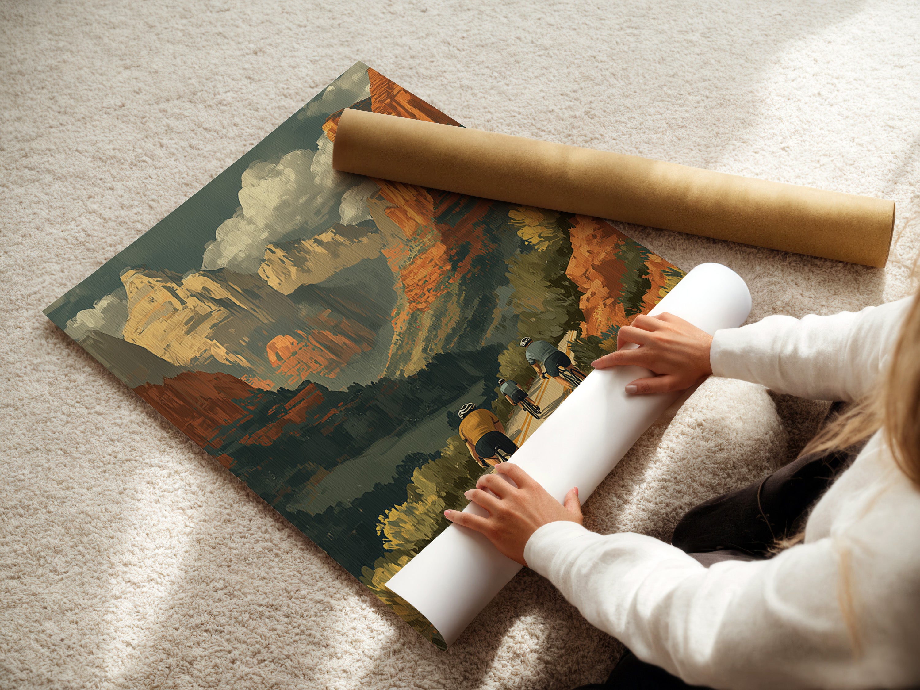 A woman carefully rolls a fine art poster paper. This vintage cycling poster is ready to be framed and displayed. The desert canyon artwork is printed on high-quality paper. The retro travel print captures the details of the canyon. The fine art paper ensures lasting beauty and vibrancy. Ideal for art collectors and enthusiasts.