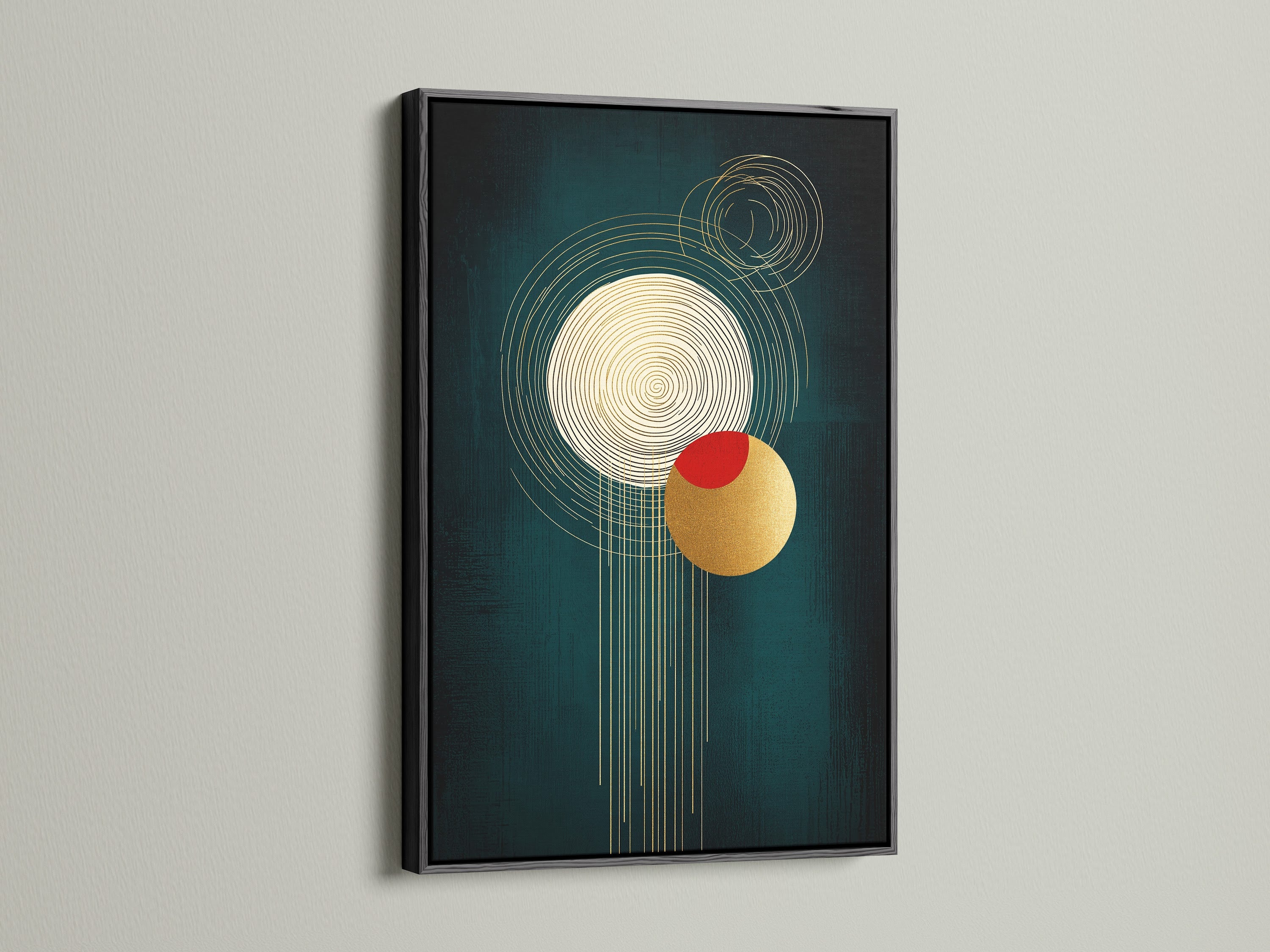 A sleek black frame surrounds this geometric abstract artwork. The canvas print features gold circles and emerald green. Red accents add a pop of color. This is great for modern office decor.