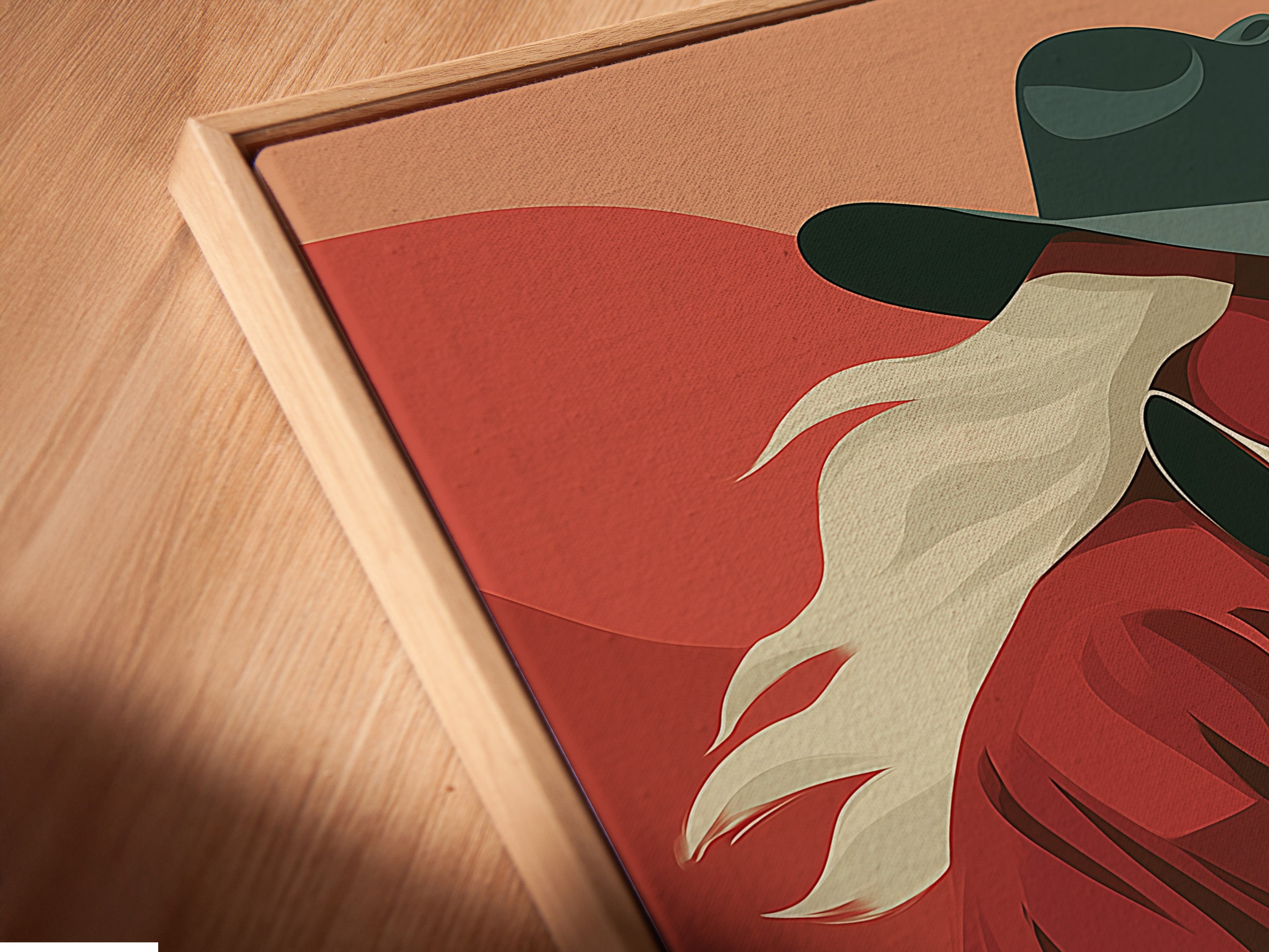 A close-up shows a canvas print in a floating frame. The floating frame gives a modern gallery look. The artwork seems to float. This adds depth and sophistication. Perfect for contemporary interiors. Explore floating frame options.