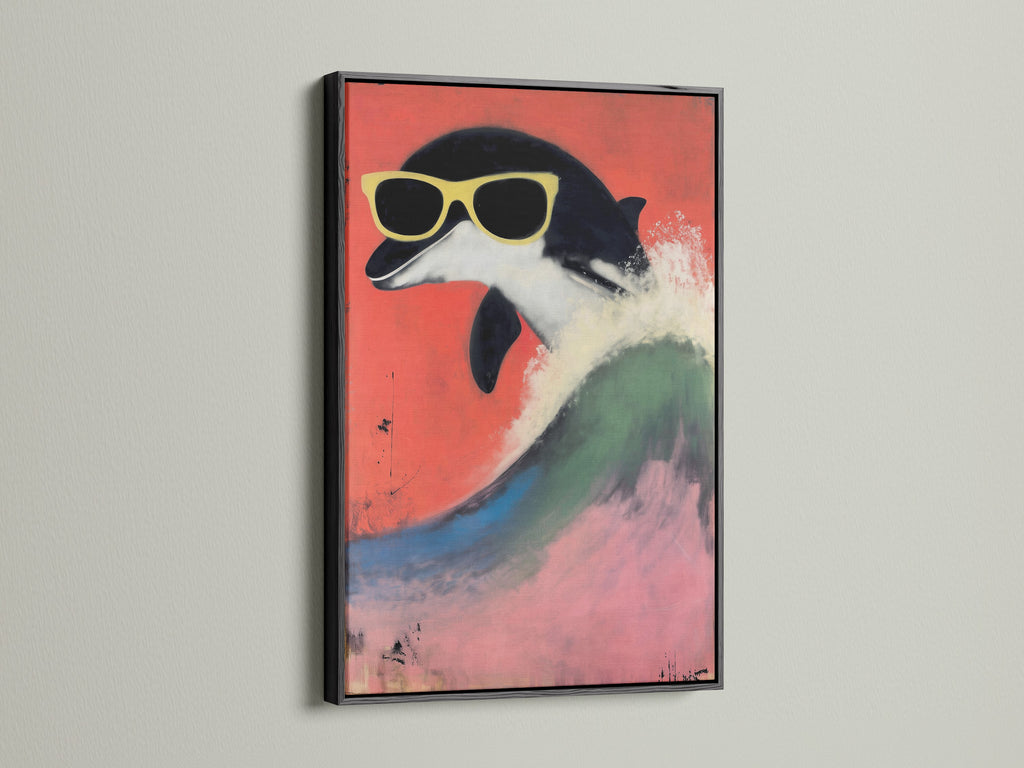 The black frame highlights a retro penguin artwork. This animal canvas print is perfect for creating a modern and stylish look in any space. The artwork features a quirky bird with sunglasses. The bold red background contrasts with the sleek black frame. It enhances the overall visual appeal making it a standout piece of playful art.