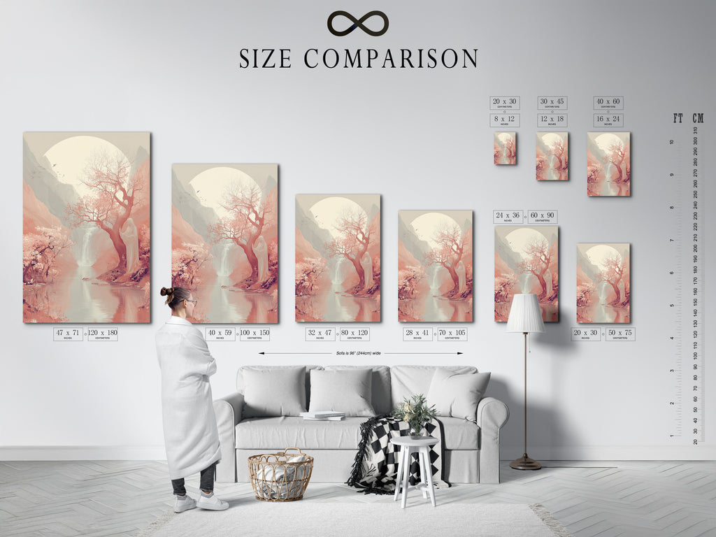 Size comparison chart in an interior setting. See how the Cherry Blossom Landscape Artwork fits. Japanese Moon Wall Artwork enhances your space. Choose the perfect size for your zen wall decor.