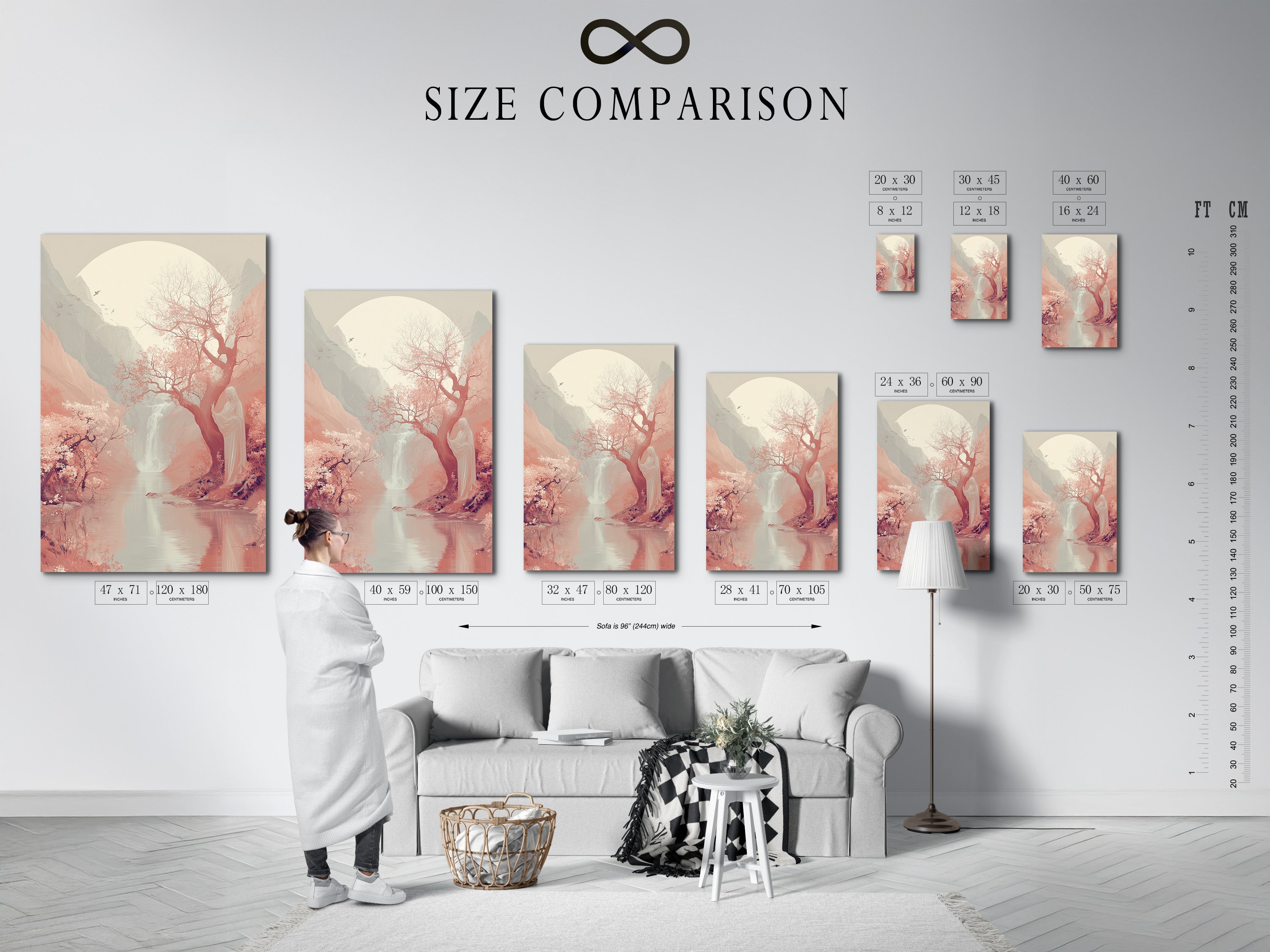 Size comparison chart in an interior setting. See how the Cherry Blossom Landscape Artwork fits. Japanese Moon Wall Artwork enhances your space. Choose the perfect size for your zen wall decor.