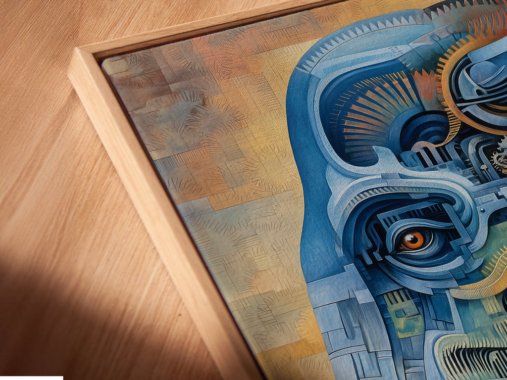 Close-up angled view of a canvas print in a floating frame. The steampunk elephant artwork features intricate mechanical details. The blue and pink industrial artwork is perfect for a modern aesthetic. A unique piece for art enthusiasts.