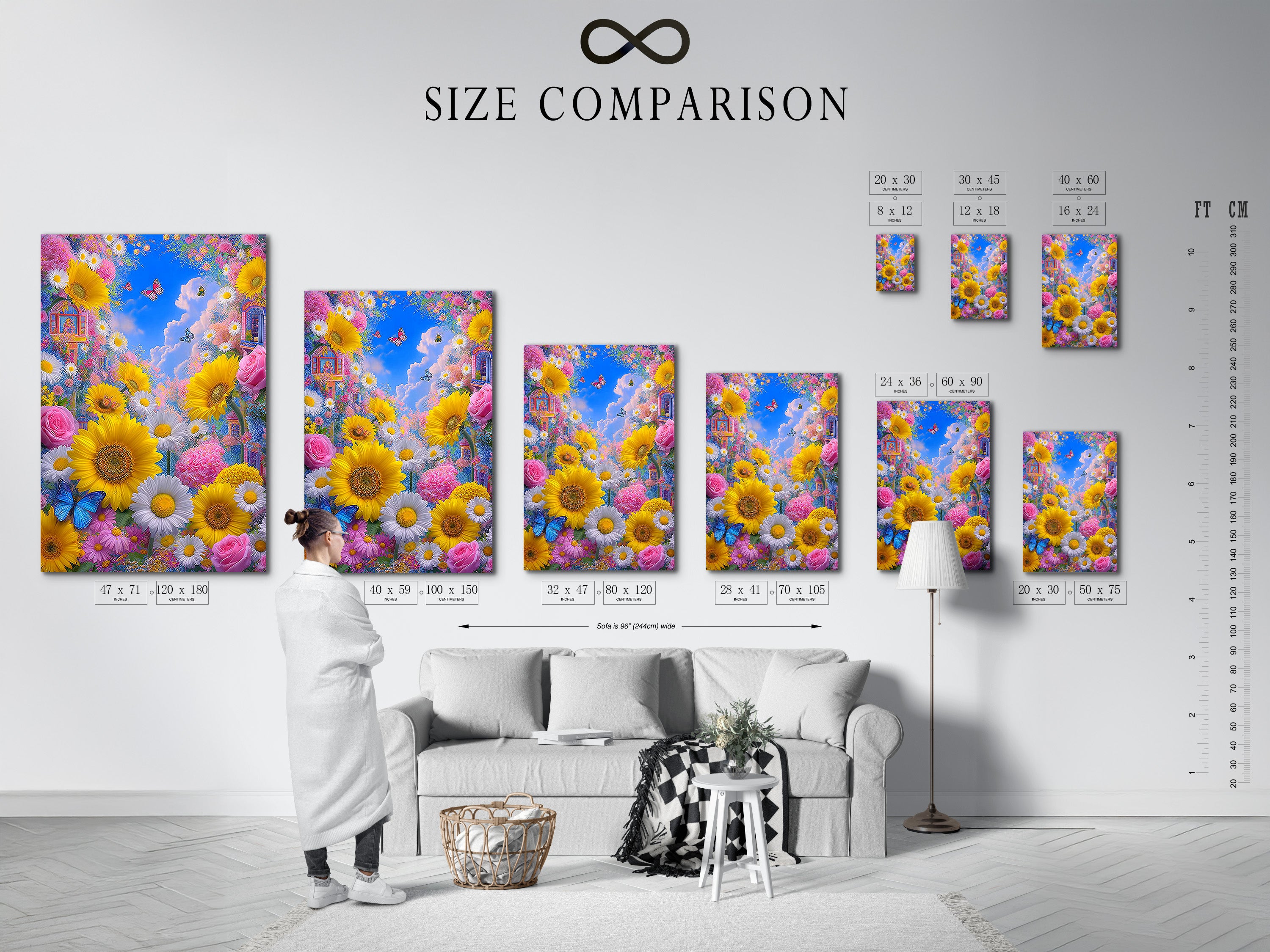 A size comparison chart in an interior setting with Sunflower Garden artwork on the wall. The butterfly floral wall art offers colorful botanical prints. See how summer flowers art fits in your space. Perfect for nature wall decor. Visualize art for living rooms and bedrooms.