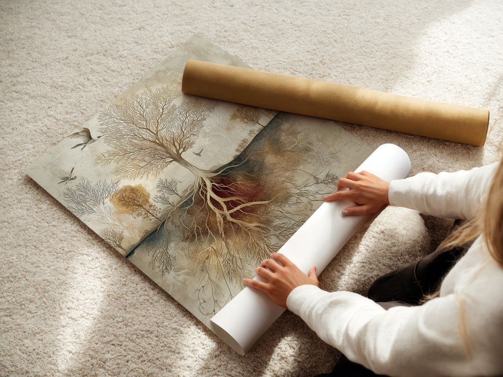 Woman carefully rolling a fine art poster paper. High-quality material ensures lasting beauty. Protect your artwork during storage and transport. Fine art paper enhances the artwork's details. Experience the premium quality of our art prints. Perfect for collectors and art enthusiasts.