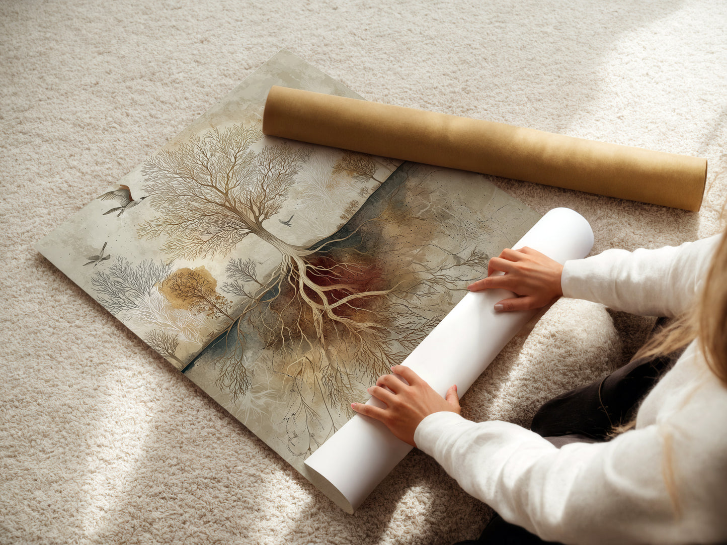 Woman carefully rolling a fine art poster paper. High-quality material ensures lasting beauty. Protect your artwork during storage and transport. Fine art paper enhances the artwork's details. Experience the premium quality of our art prints. Perfect for collectors and art enthusiasts.