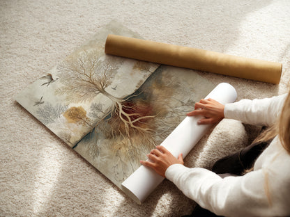 Woman carefully rolling a fine art poster paper. High-quality material ensures lasting beauty. Protect your artwork during storage and transport. Fine art paper enhances the artwork's details. Experience the premium quality of our art prints. Perfect for collectors and art enthusiasts.
