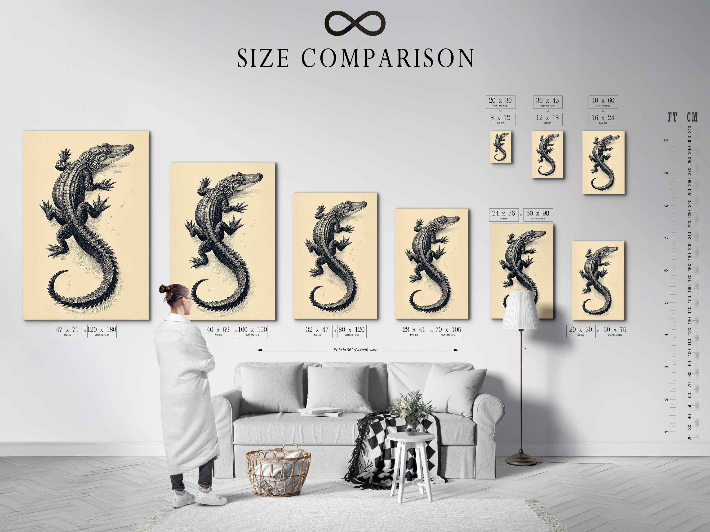 Size comparison chart displayed in an interior setting featuring the Vintage Alligator Art Print. See how this antique reptile wall art fits into your space. Perfect for planning your study room decor with this natural history canvas. Visualize the impact of this vintage zoology art in various sizes.