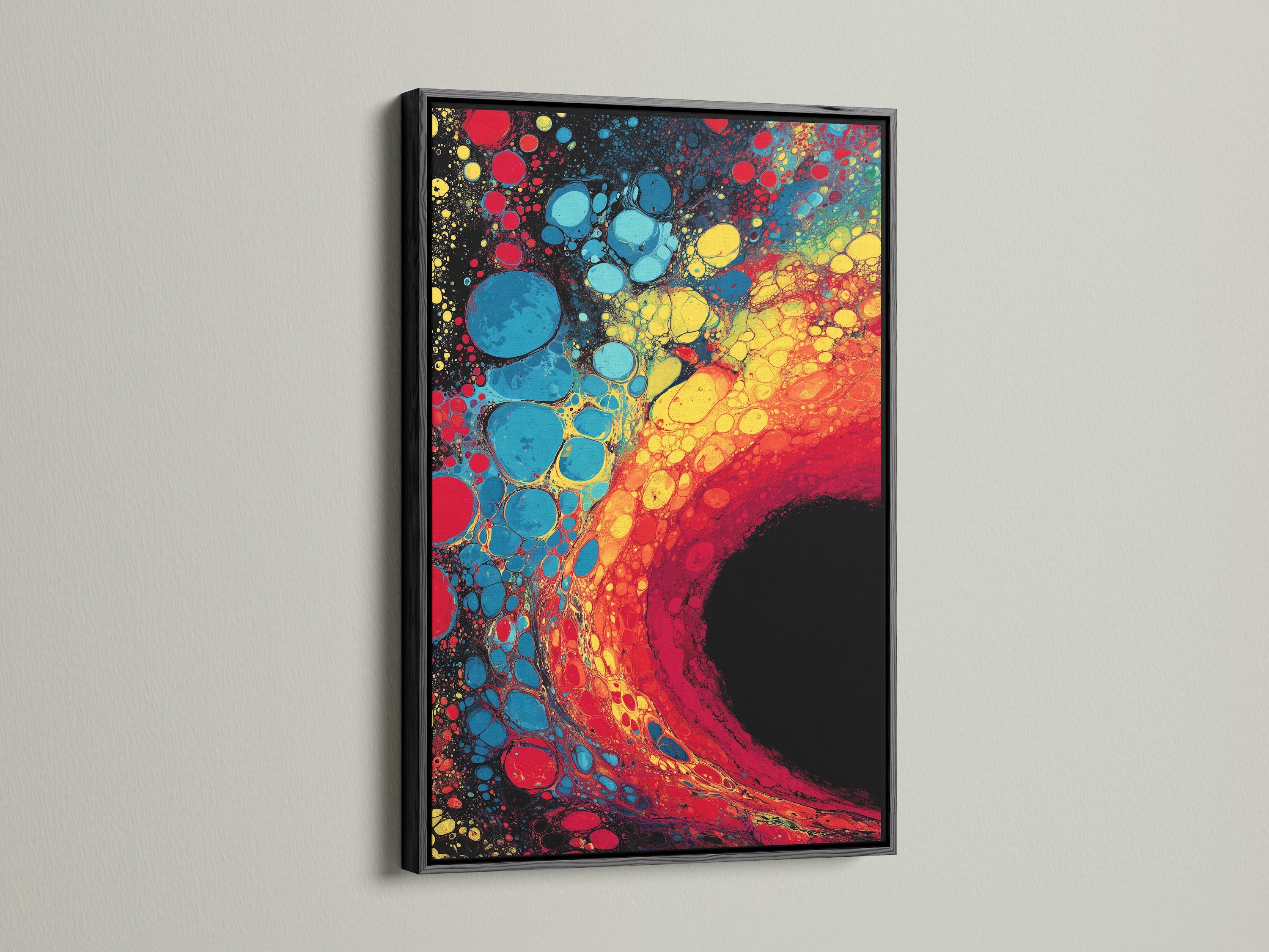 An abstract artwork is displayed in a sleek black frame. The frame provides a bold outline. The artwork is mounted on a white wall. A black frame adds sophistication to any artwork. It is a timeless choice.