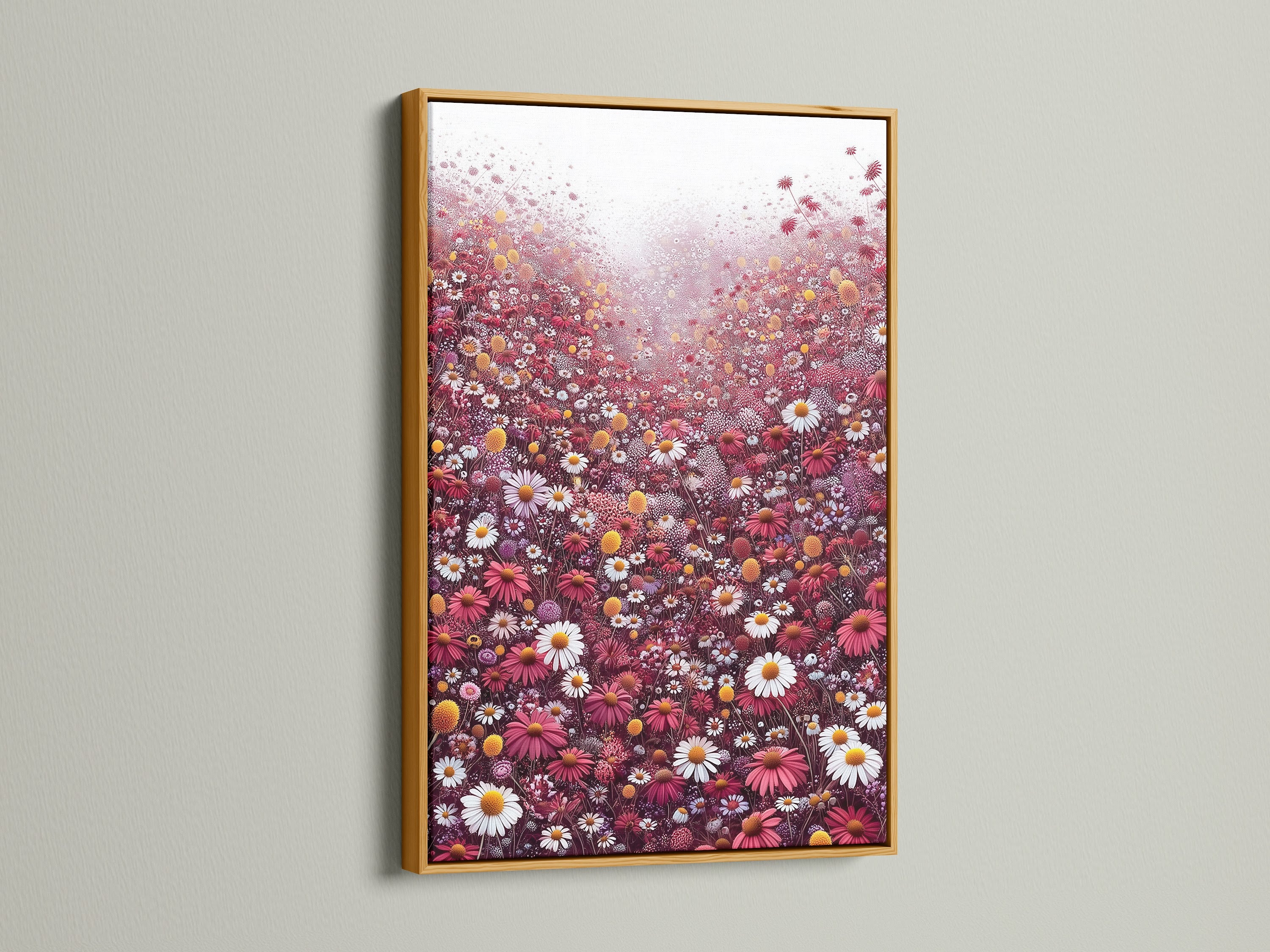 The floral meadow canvas artwork is beautifully presented in a gold frame. The artwork depicts a field of red and white wildflowers. It adds a touch of elegance and sophistication. This botanical canvas is great for living rooms. Enhance your decor with this floral artwork.