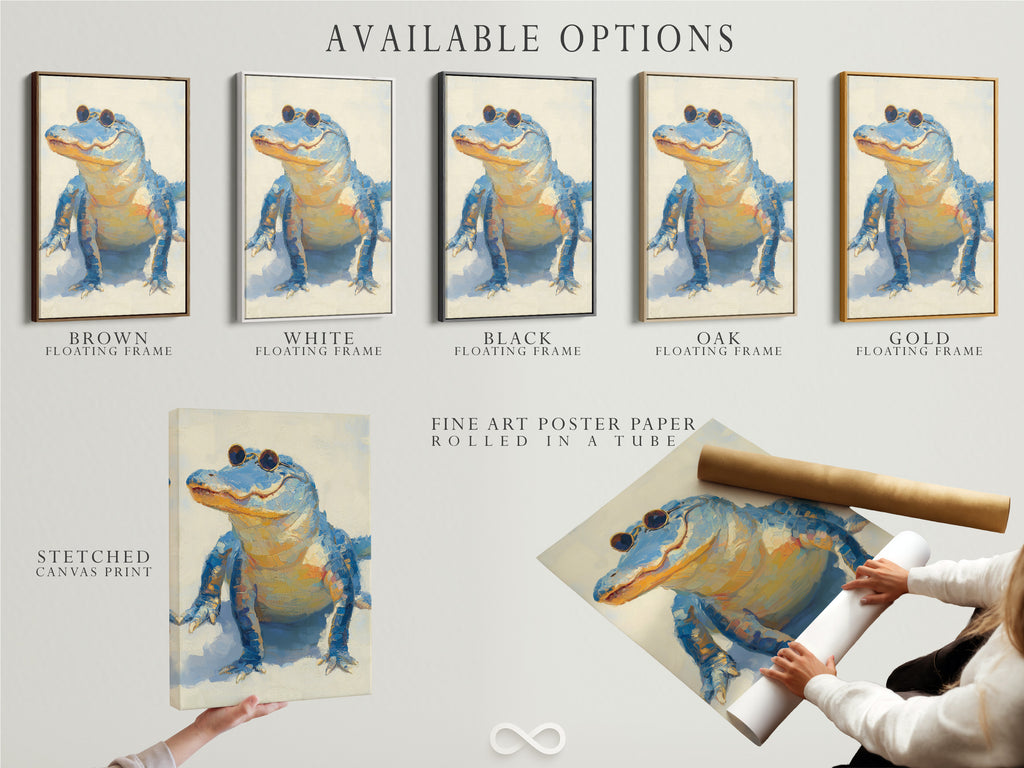 Available options for the cool alligator artwork. Choose between stretched canvas print fine art poster paper or floating frame. This whimsical animal wall art is a quirky wildlife poster.