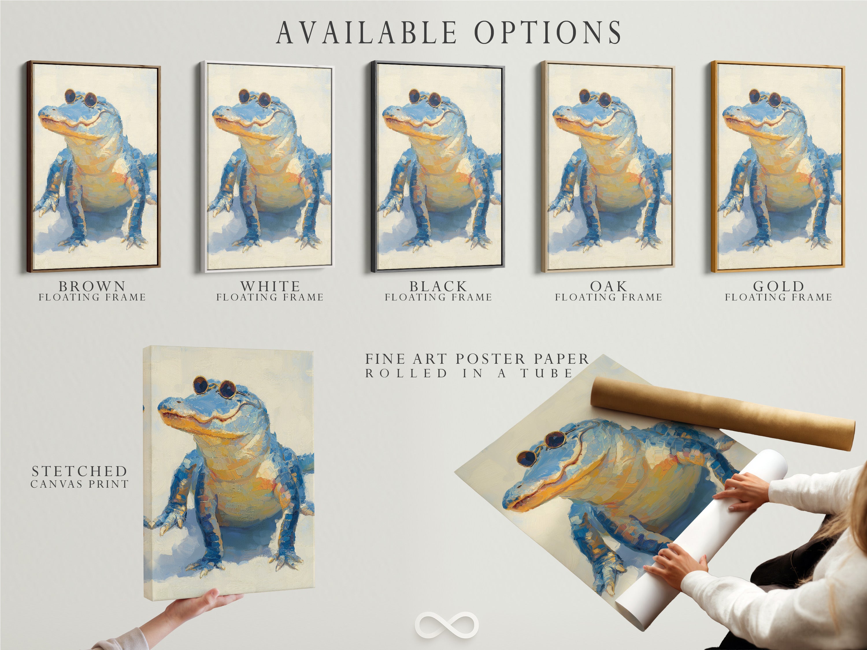 Available options for the cool alligator artwork. Choose between stretched canvas print fine art poster paper or floating frame. This whimsical animal wall art is a quirky wildlife poster.
