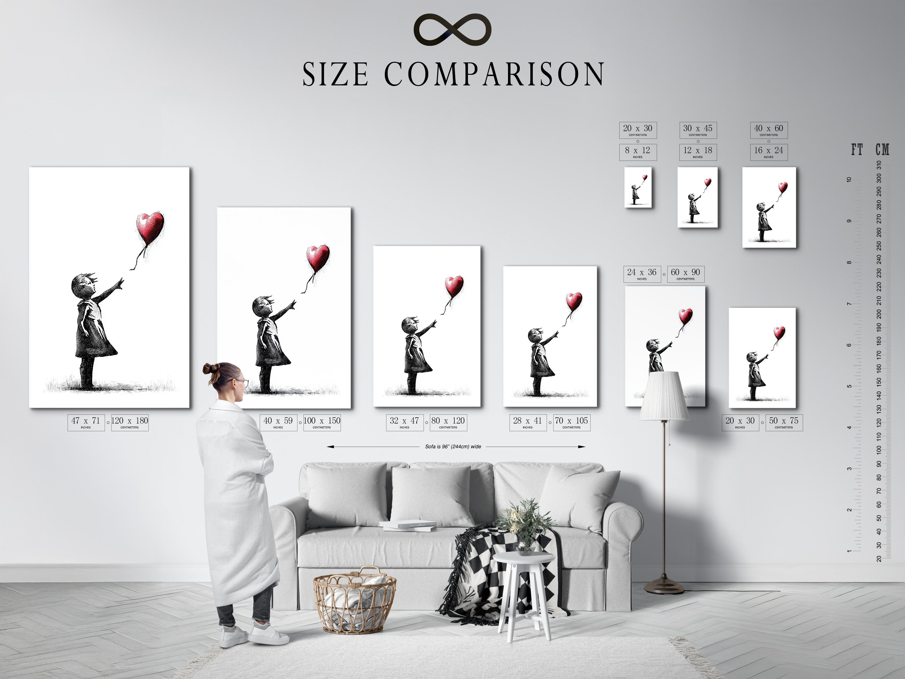 See our size comparison chart in a styled interior. This chart helps you visualize the perfect art size. See how different sizes look in a real room setting. Choose the ideal dimensions for your space. This ensures your art complements your decor. Find the perfect fit for any room.