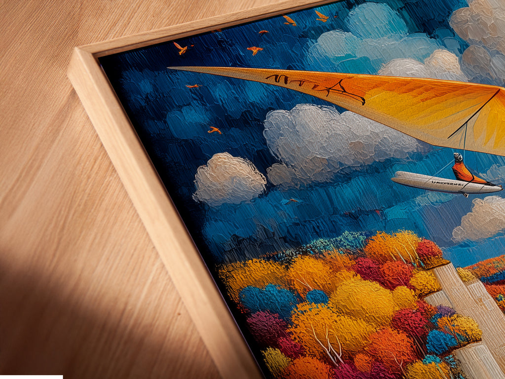 Angled close up of a canvas print in a floating frame. Hang gliding art. Aviation artwork for office decor. The artwork includes a seascape with a blue ocean. Notice the cliffside scenery. A perfect adventure print to liven up any room. Get yours today.