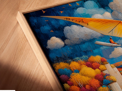 Angled close up of a canvas print in a floating frame. Hang gliding art. Aviation artwork for office decor. The artwork includes a seascape with a blue ocean. Notice the cliffside scenery. A perfect adventure print to liven up any room. Get yours today.