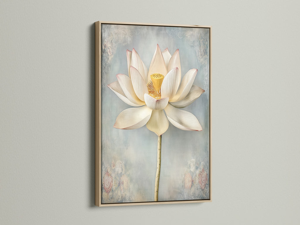 Lotus Flower artwork in an oak floating frame. Modern botanical artwork for minimalist and scandinavian styles. Calming zen wall art is great for living rooms bedrooms yoga studios spas and wellness centers.
