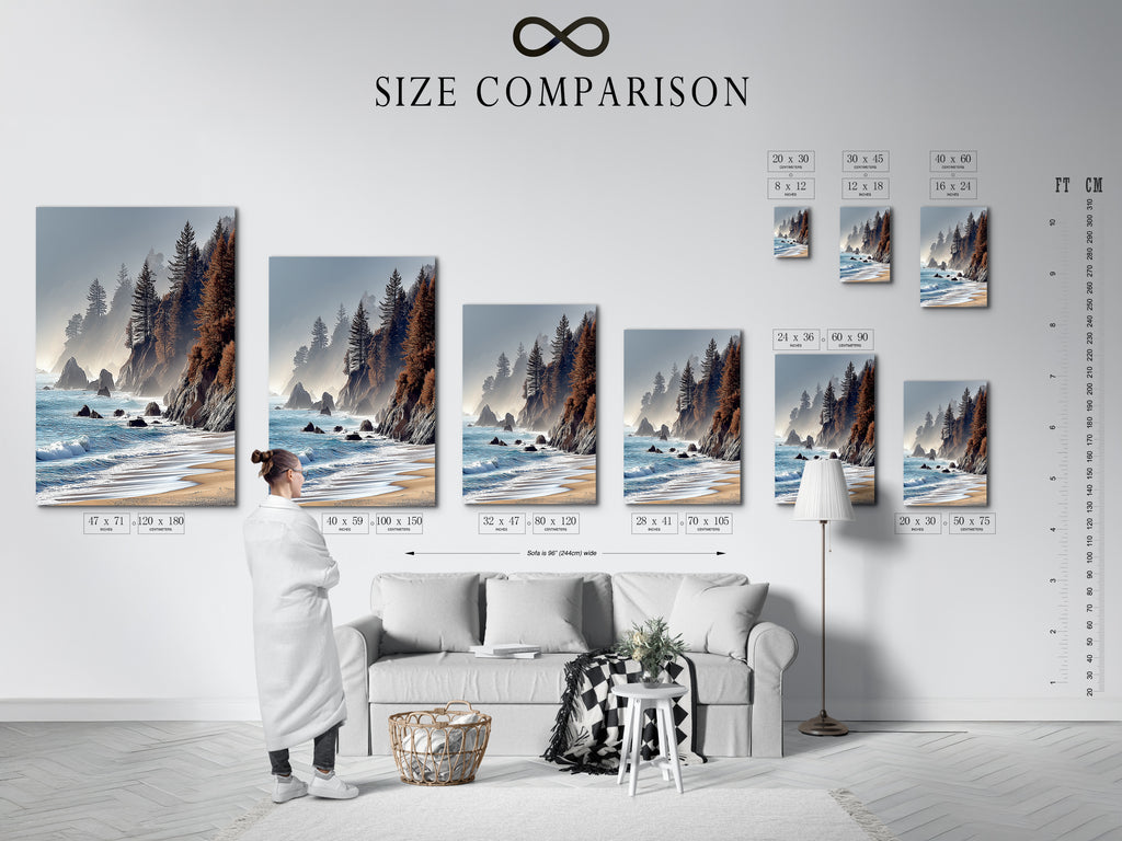 Size comparison chart displayed in an interior setting featuring coastal scenery artwork.  Visualize the perfect size for your space with this helpful chart. Choose the ideal dimensions to complement your home decor.  Find the perfect fit for your living room bedroom or office