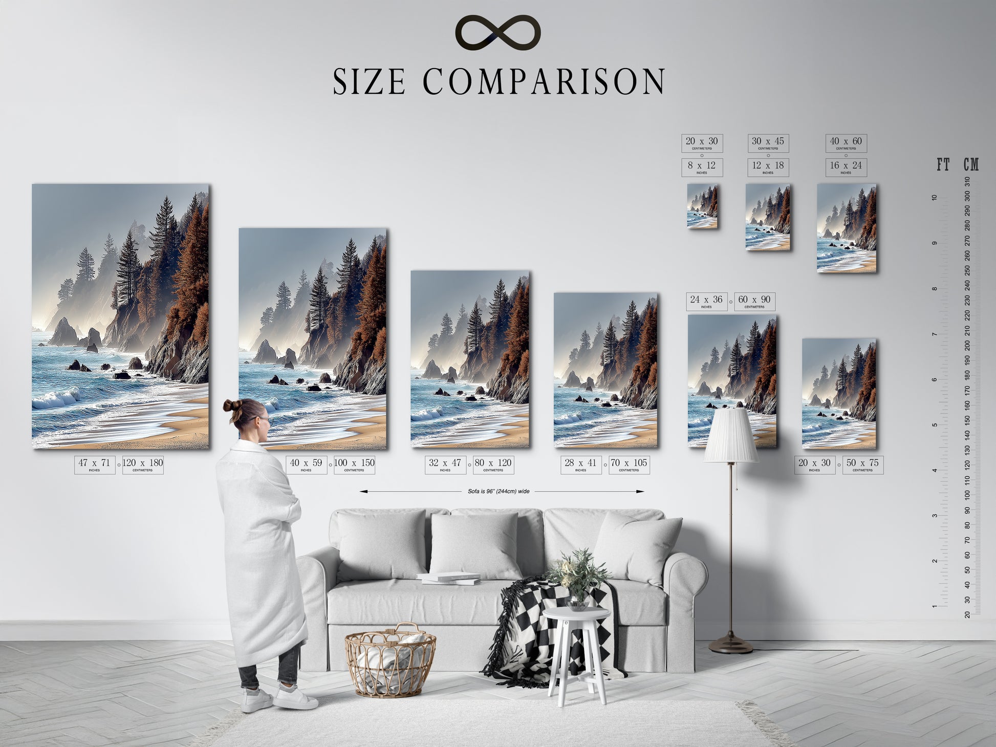 Size comparison chart displayed in an interior setting featuring coastal scenery artwork.  Visualize the perfect size for your space with this helpful chart. Choose the ideal dimensions to complement your home decor.  Find the perfect fit for your living room bedroom or office