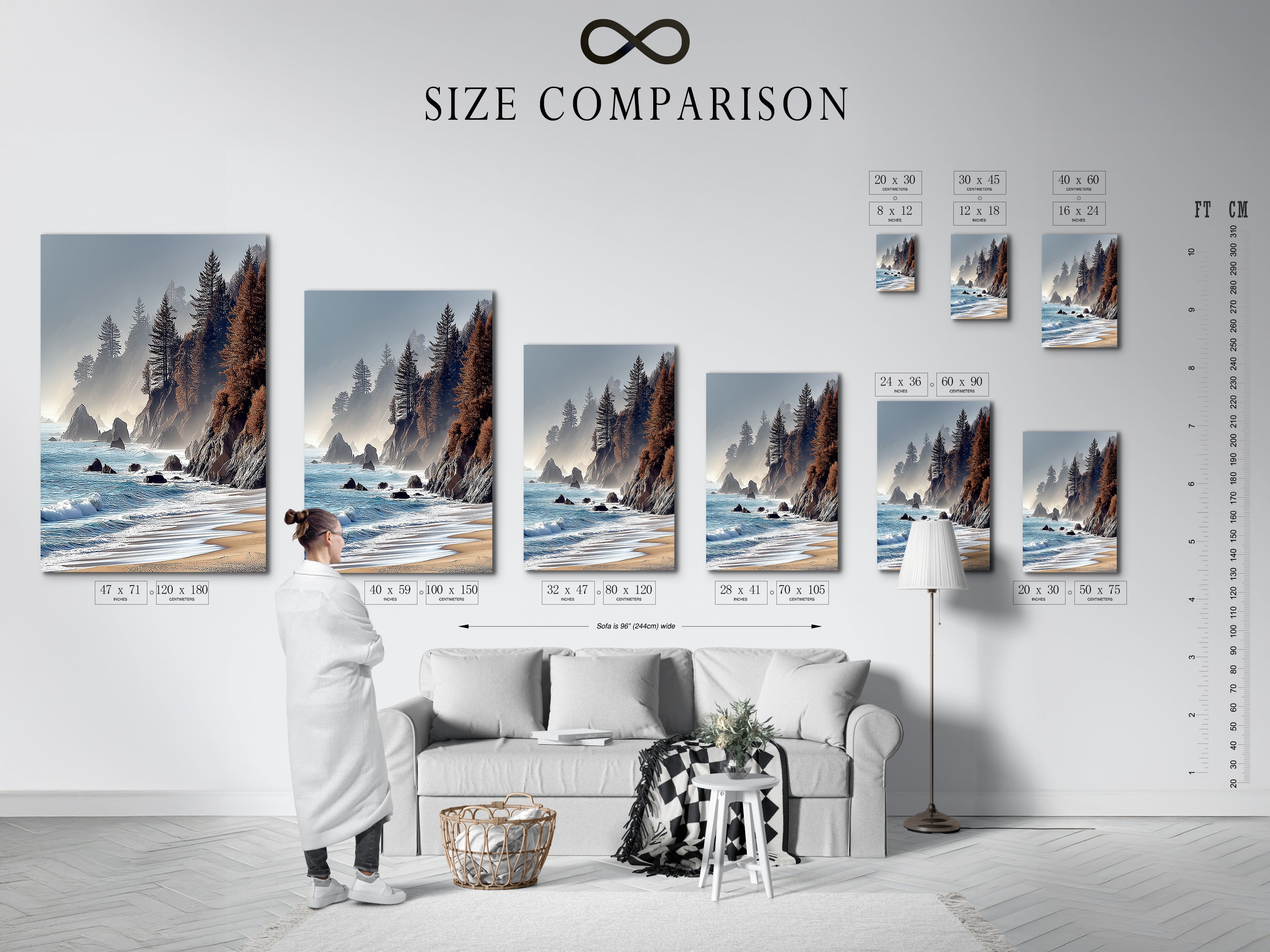 Size comparison chart displayed in an interior setting featuring coastal scenery artwork.  Visualize the perfect size for your space with this helpful chart. Choose the ideal dimensions to complement your home decor.  Find the perfect fit for your living room bedroom or office