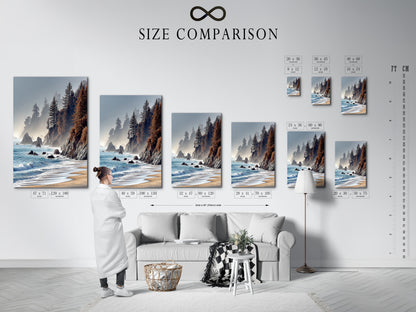 Size comparison chart displayed in an interior setting featuring coastal scenery artwork.  Visualize the perfect size for your space with this helpful chart. Choose the ideal dimensions to complement your home decor.  Find the perfect fit for your living room bedroom or office