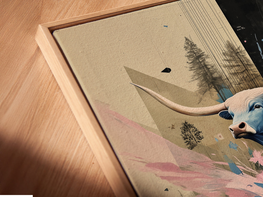 Angled close-up of a canvas print in a floating frame. Showcasing contemporary animal artwork with blue abstract wildlife. This modern wall decor enhances any space with its unique style. Perfect for a bedroom or living room. The floating frame gives the art a sophisticated look.