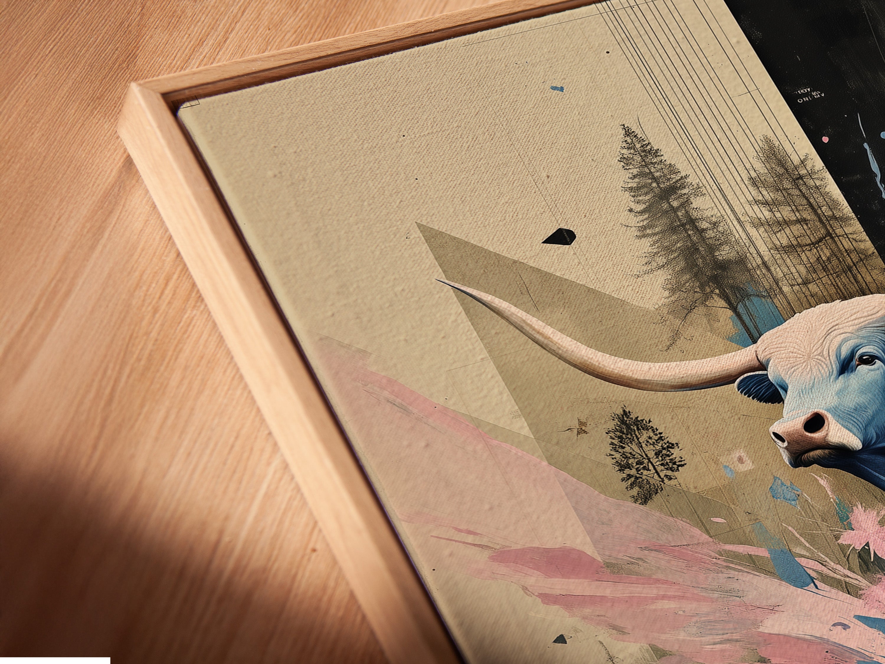 Angled close-up of a canvas print in a floating frame. Showcasing contemporary animal artwork with blue abstract wildlife. This modern wall decor enhances any space with its unique style. Perfect for a bedroom or living room. The floating frame gives the art a sophisticated look.