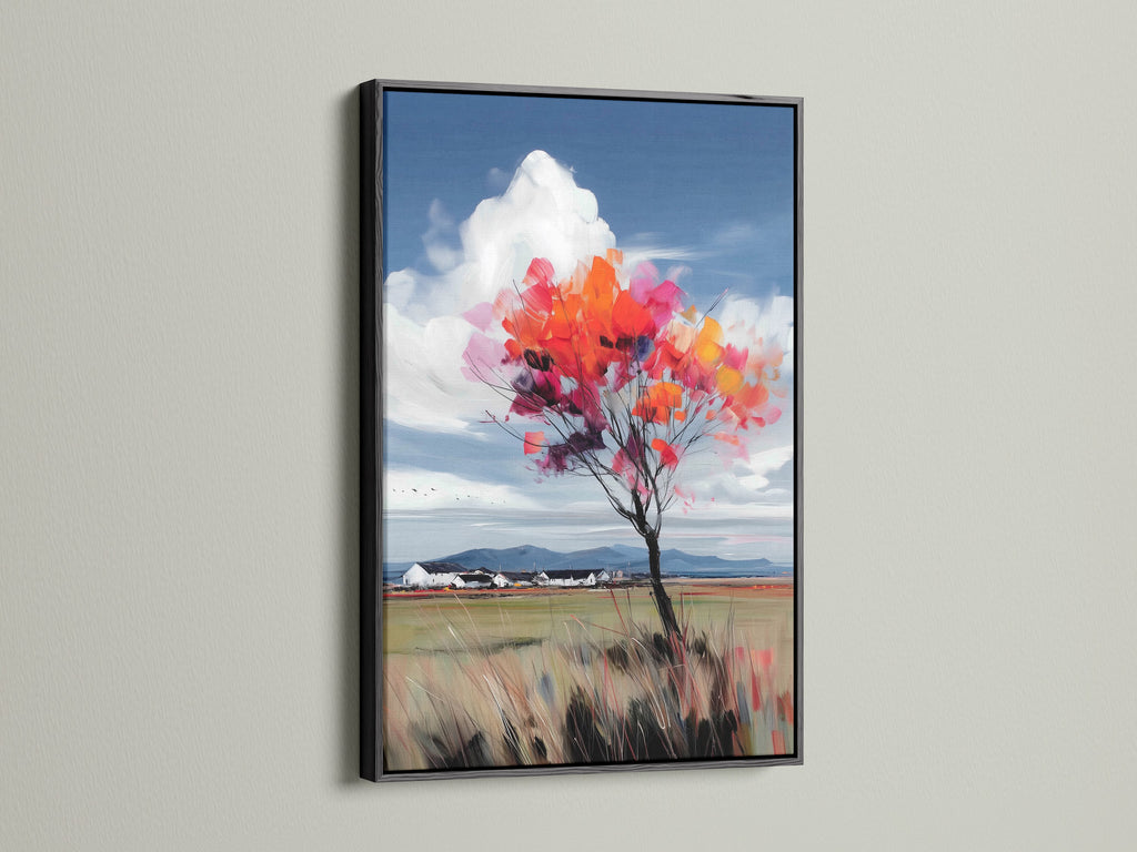 The black frame gives a modern look to this autumn tree artwork. The colorful fall foliage print is a striking landscape piece. It will add a touch of nature to your office or living room wall decor. The artwork will complement any farmhouse or cottage style.