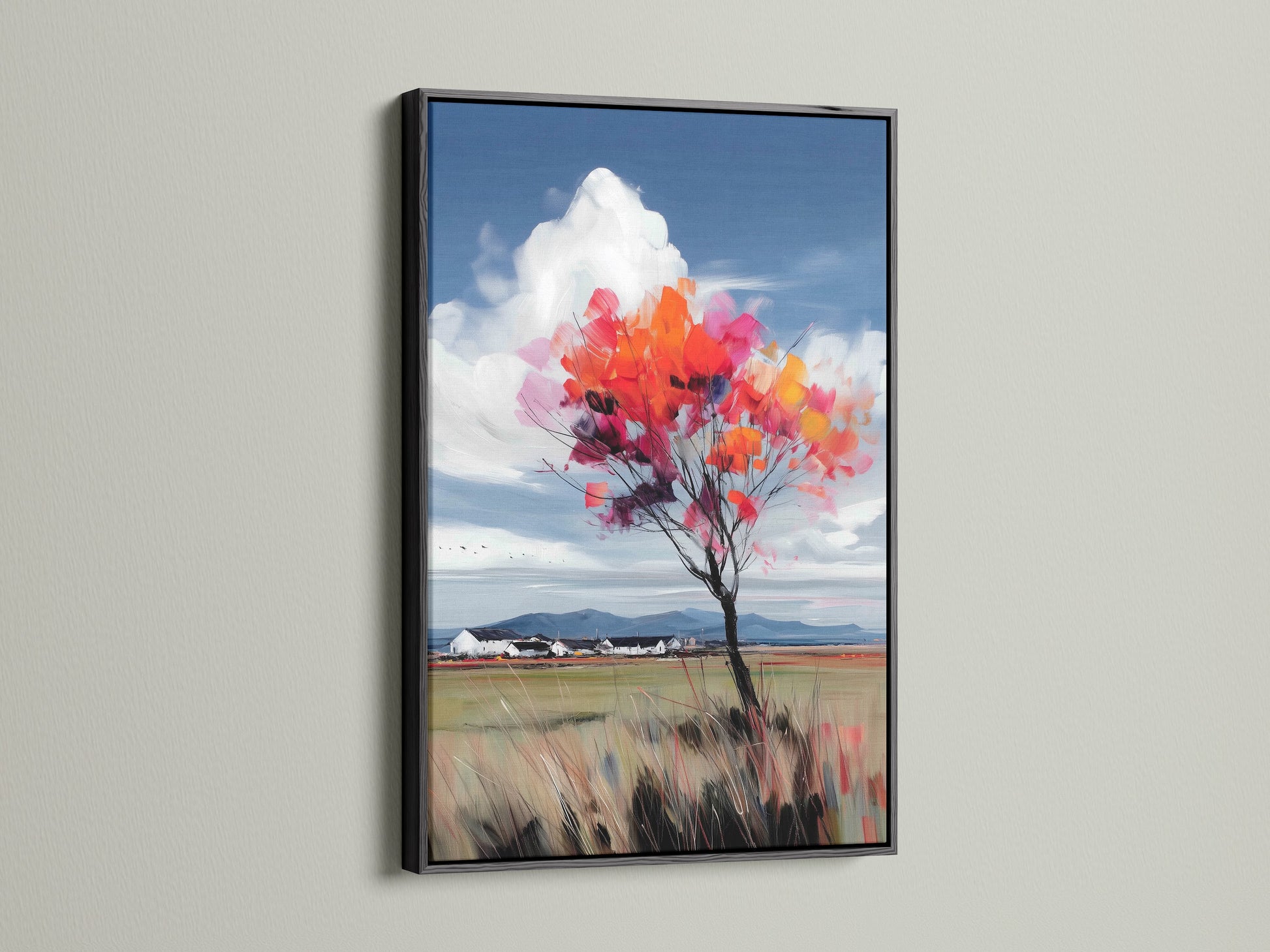 The black frame gives a modern look to this autumn tree artwork. The colorful fall foliage print is a striking landscape piece. It will add a touch of nature to your office or living room wall decor. The artwork will complement any farmhouse or cottage style.