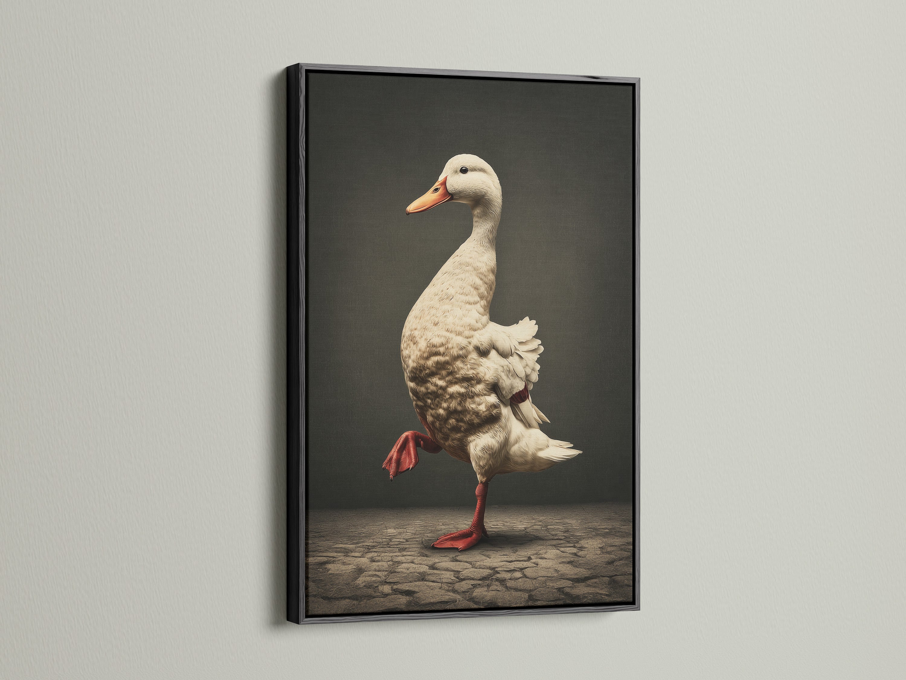 Vintage Duck Canvas Artwork in a black frame. This quirky animal art features a duck wearing red boots. The black frame offers a modern touch. It is ideal for farmhouse wall art. This will enhance any space with vintage charm.