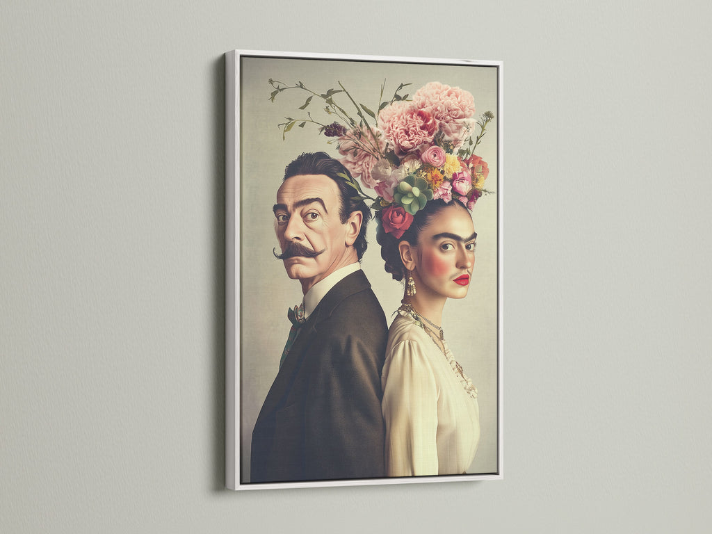 Victorian style couple print displayed in a white frame. This floral crown wall art enhances bedroom decor. The vintage portrait art offers a classical wall art feel. Ideal for homeowners and renters seeking unique artwork.