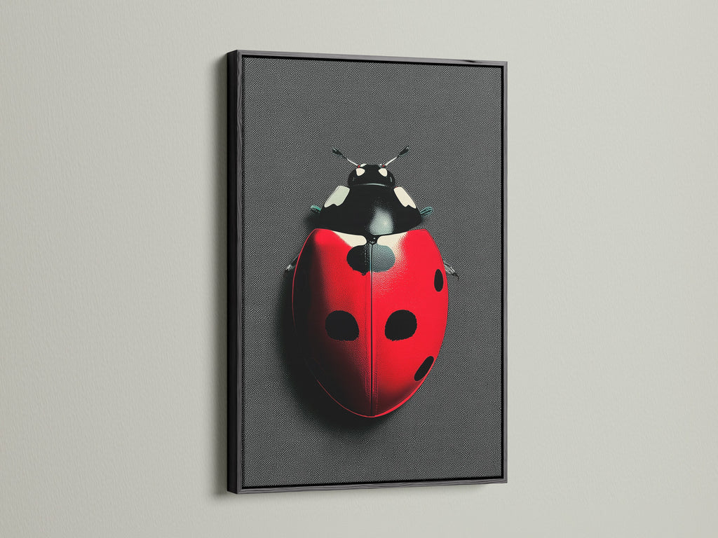 Ladybug art showcased in a sleek black frame. The red and black insect canvas is a standout piece. This beetle print is perfect for adding a pop of color to minimalist or Scandinavian styles. Elevate your space with this unique bug wall art.
