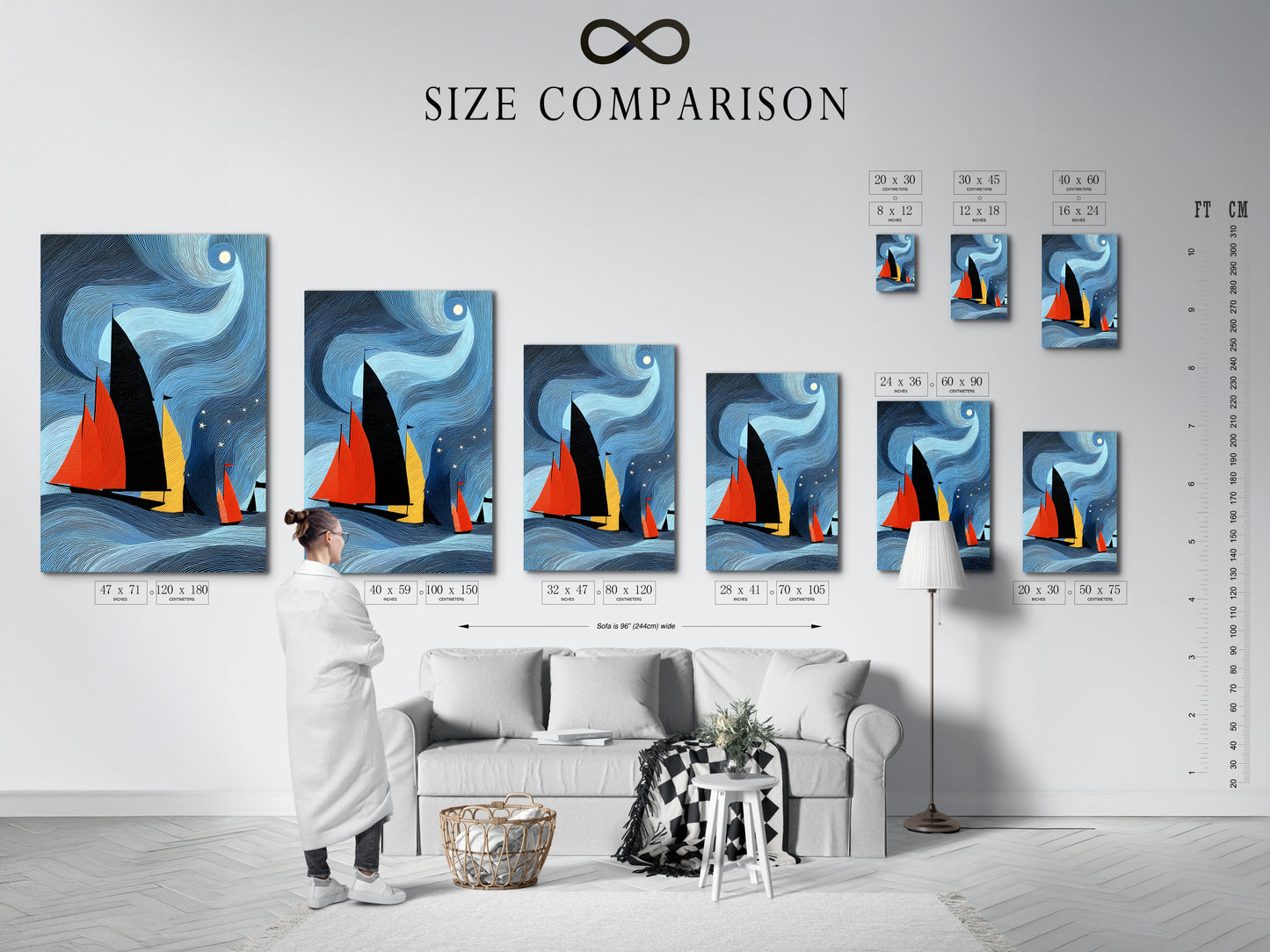 Size comparison chart displayed in an interior setting showcasing the various sizes available for this sailboat artwork. Visualize the perfect fit for your space with our range of stretched canvas prints and fine art poster papers.
