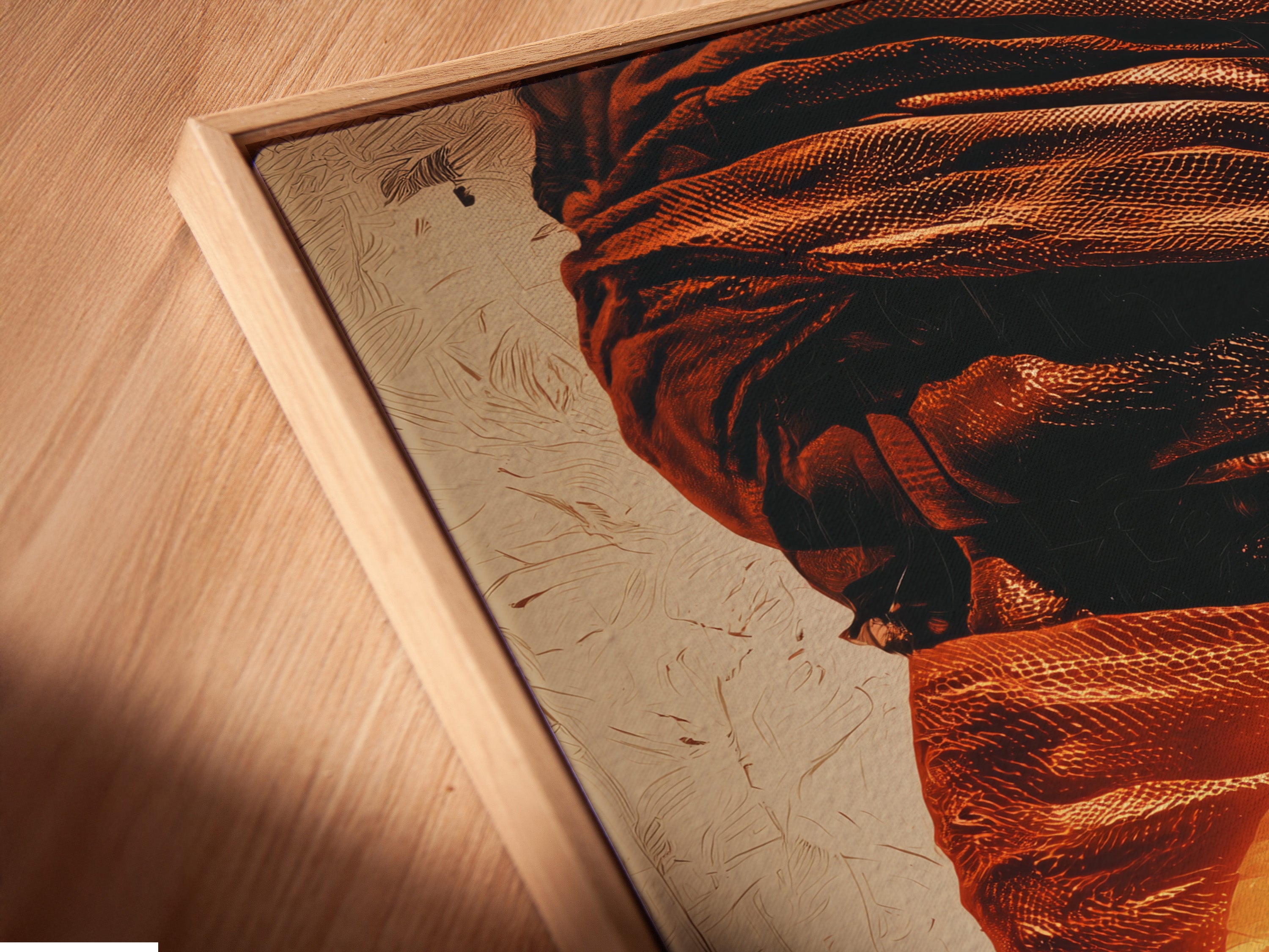 A close-up angled view reveals a canvas print in a floating frame. See the intricate details of the desert Bedouin artwork. The floating frame adds a modern touch. This Middle Eastern wall art is perfect for travel enthusiasts. The camel caravan and sunset poster create a captivating scene. The warm tones enhance any space.